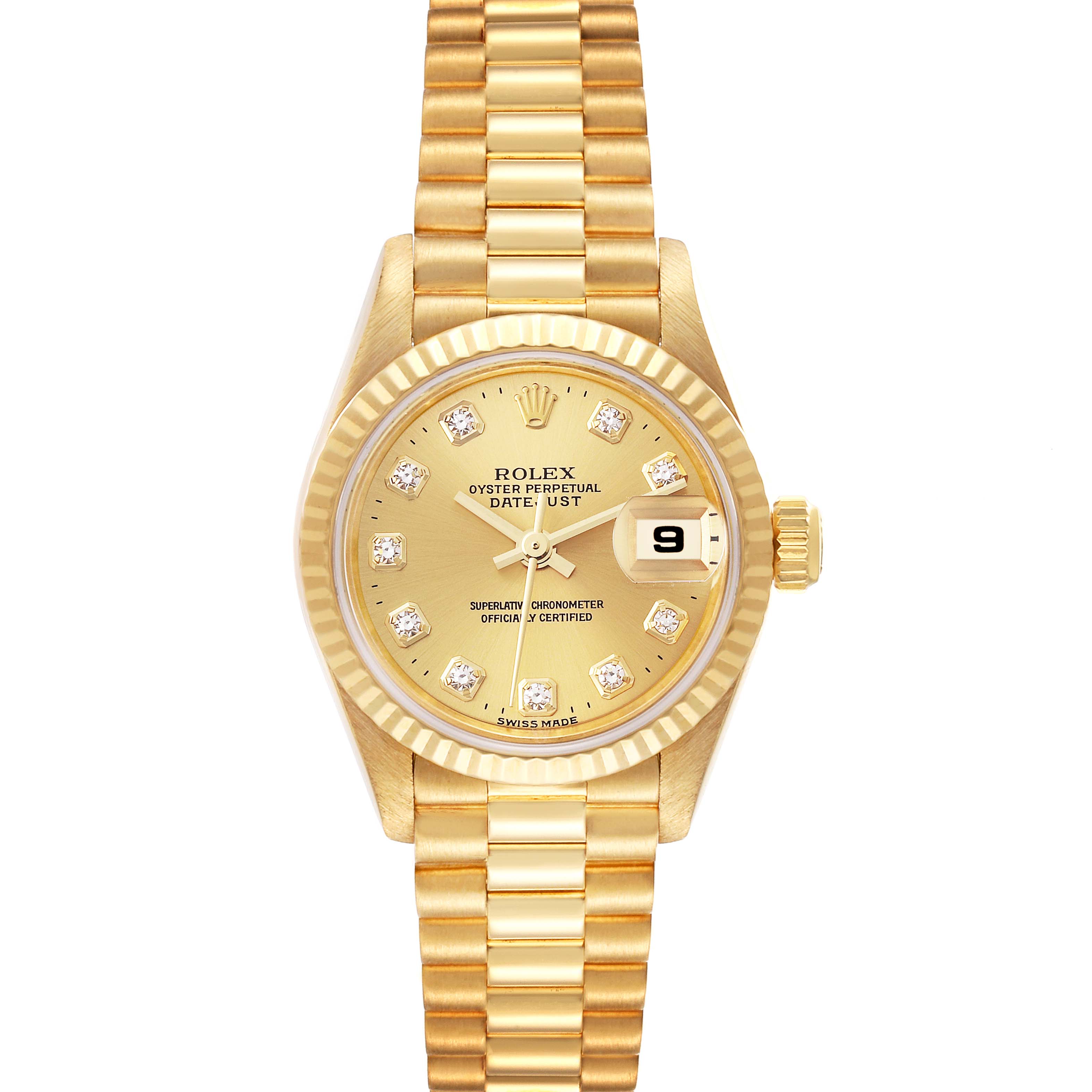 This image shows a front view of a Rolex President 79178 Women
s Yellow Gold Champagne Dial 79178 Women
s Yellow Gold Champagne Dial model watch, displaying its gold face, fluted bezel, and bracelet.