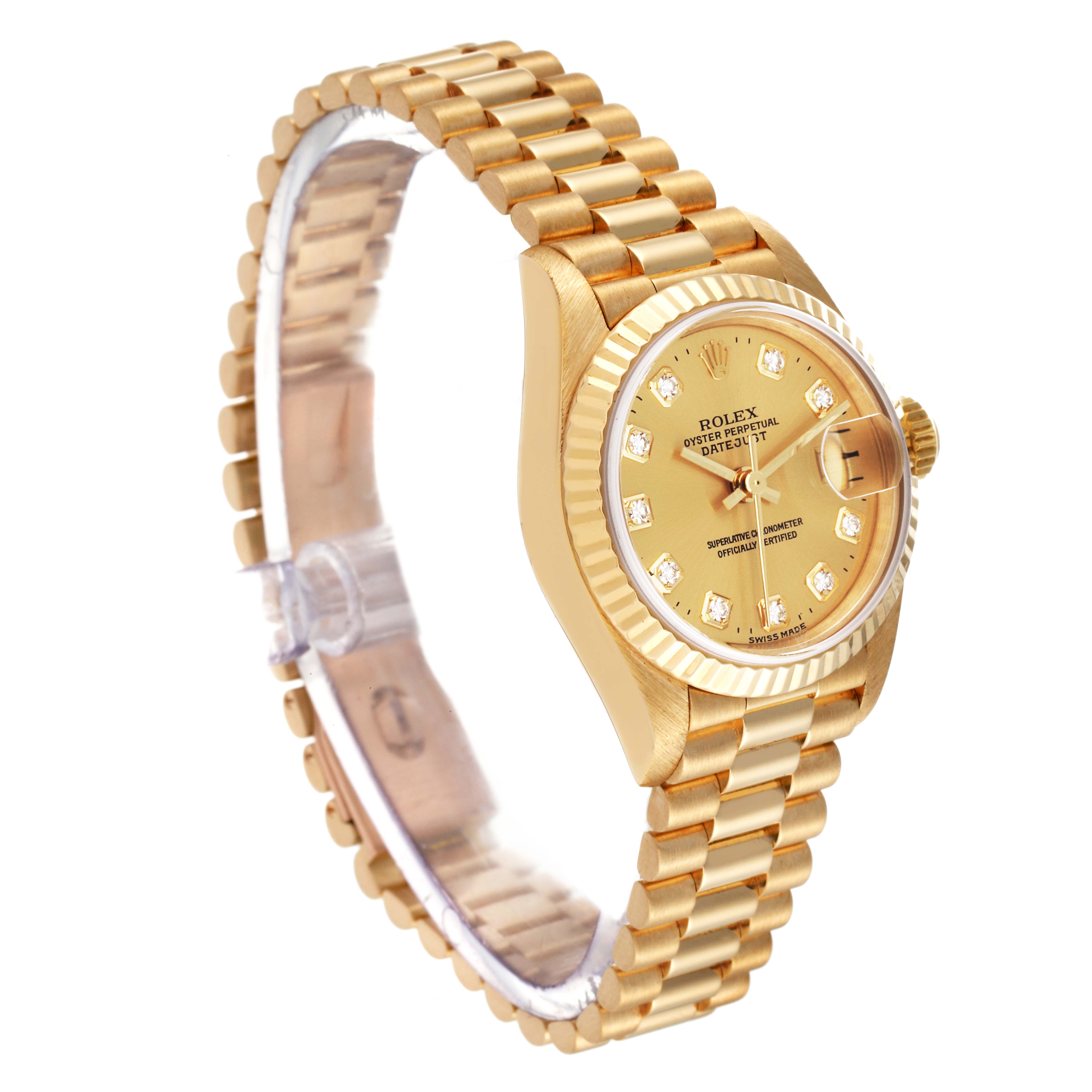 This image shows a gold Rolex President 79178 Women
s Yellow Gold Champagne Dial 79178 Women
s Yellow Gold Champagne Dial model watch from a side angle, featuring the bracelet, bezel, crown, and dial.