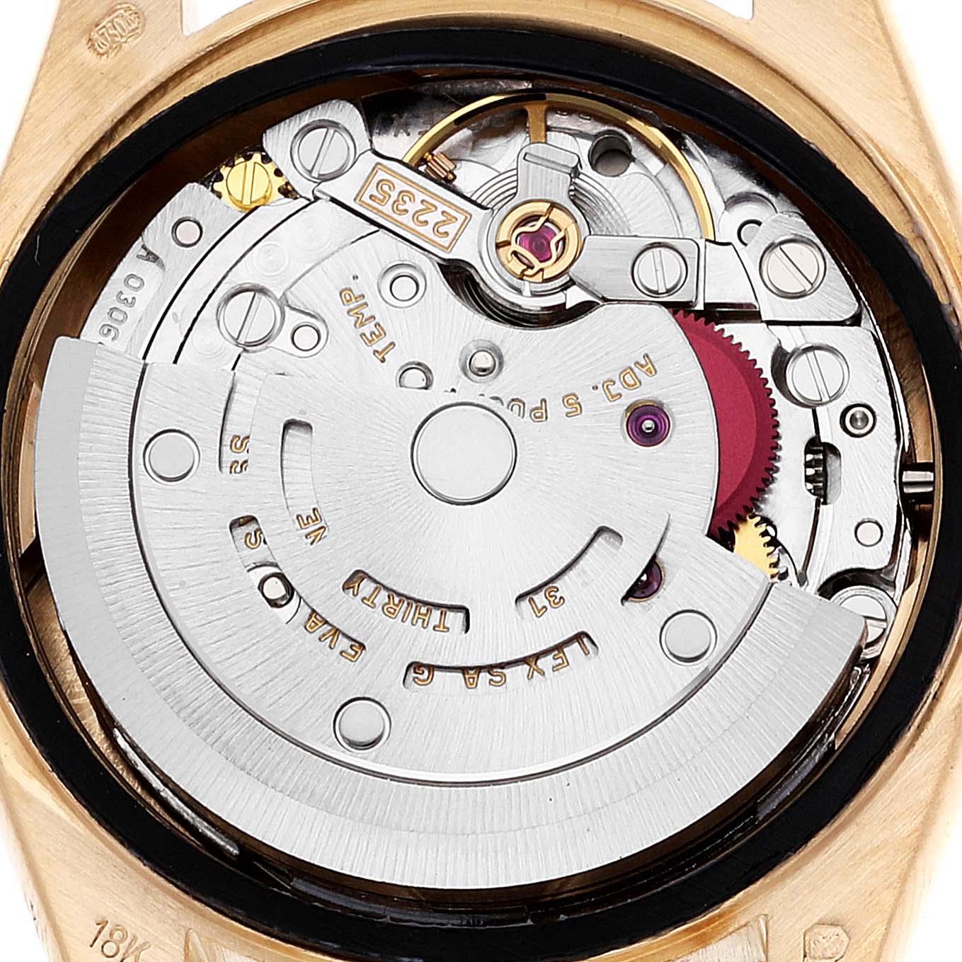 The image shows the movement mechanism of a Rolex President 79178 Women
s Yellow Gold Champagne Dial 79178 Women
s Yellow Gold Champagne Dial model watch from a close-up, top-down angle.
