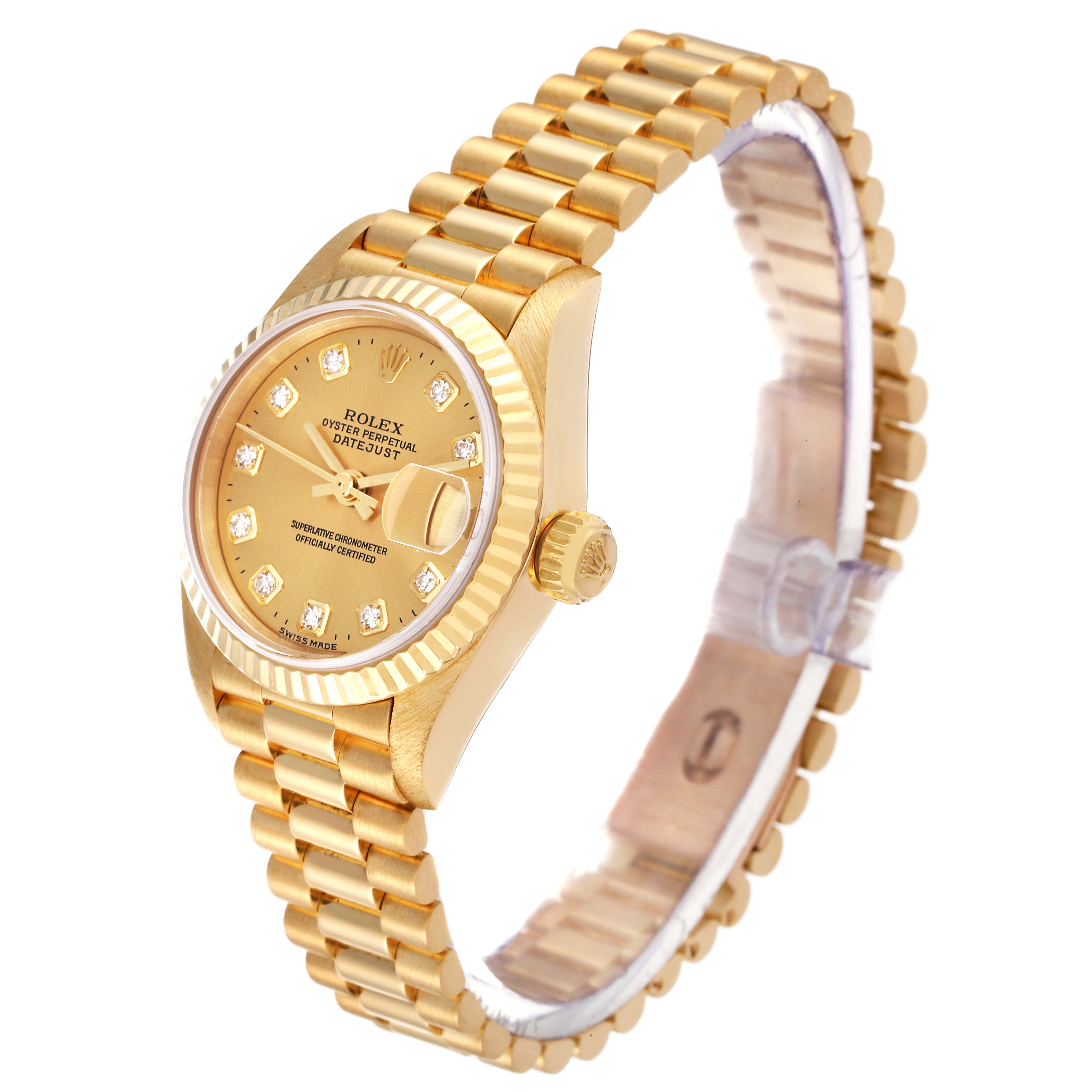 The Rolex President 79178 Women
s Yellow Gold Champagne Dial 79178 Women
s Yellow Gold Champagne Dial model watch is shown in a side-angle view highlighting its gold bracelet, casing, and dial.
