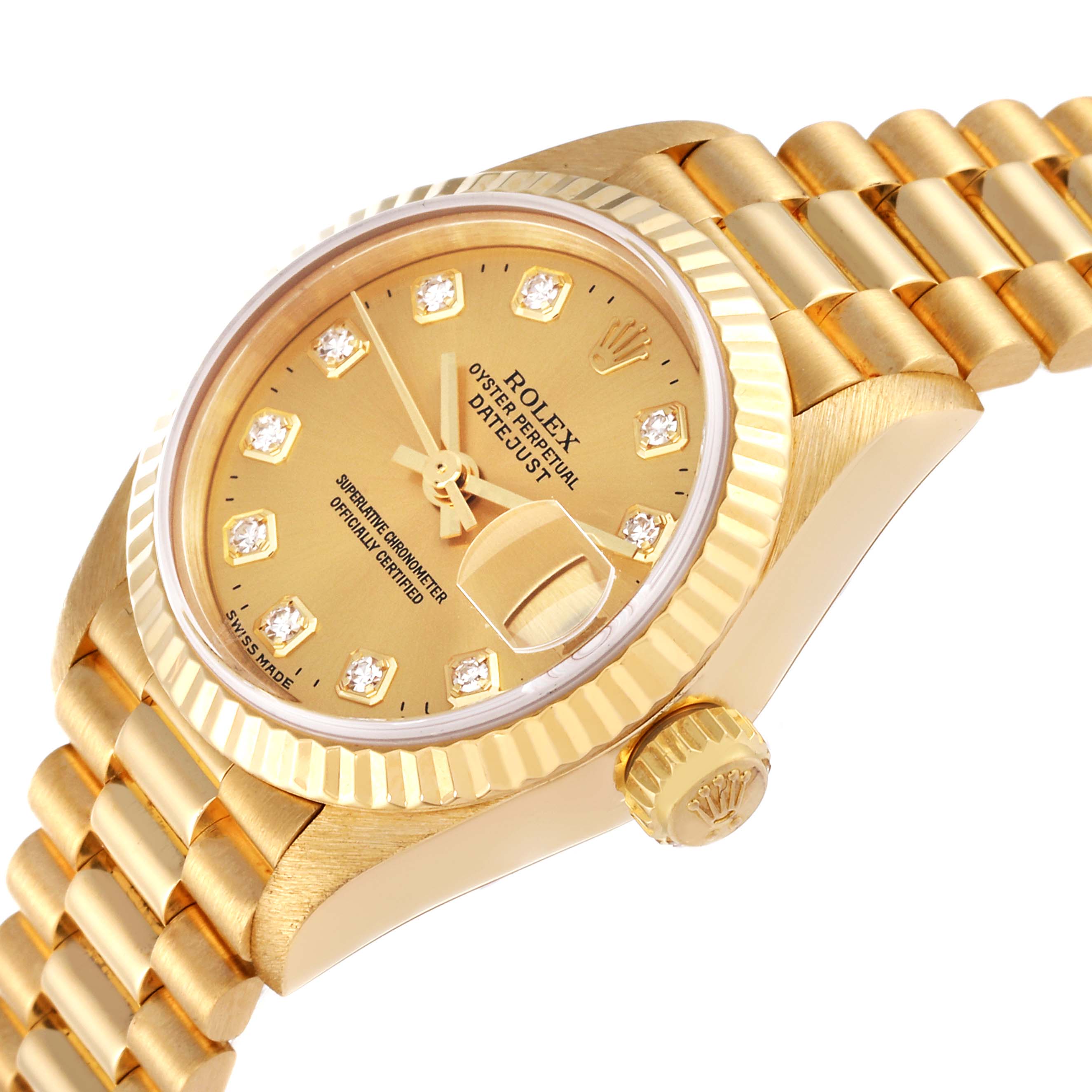 This image shows a close-up angled view of a Rolex President 79178 Women
s Yellow Gold Champagne Dial 79178 Women
s Yellow Gold Champagne Dial model watch, highlighting the dial, crown, bezel, and band.