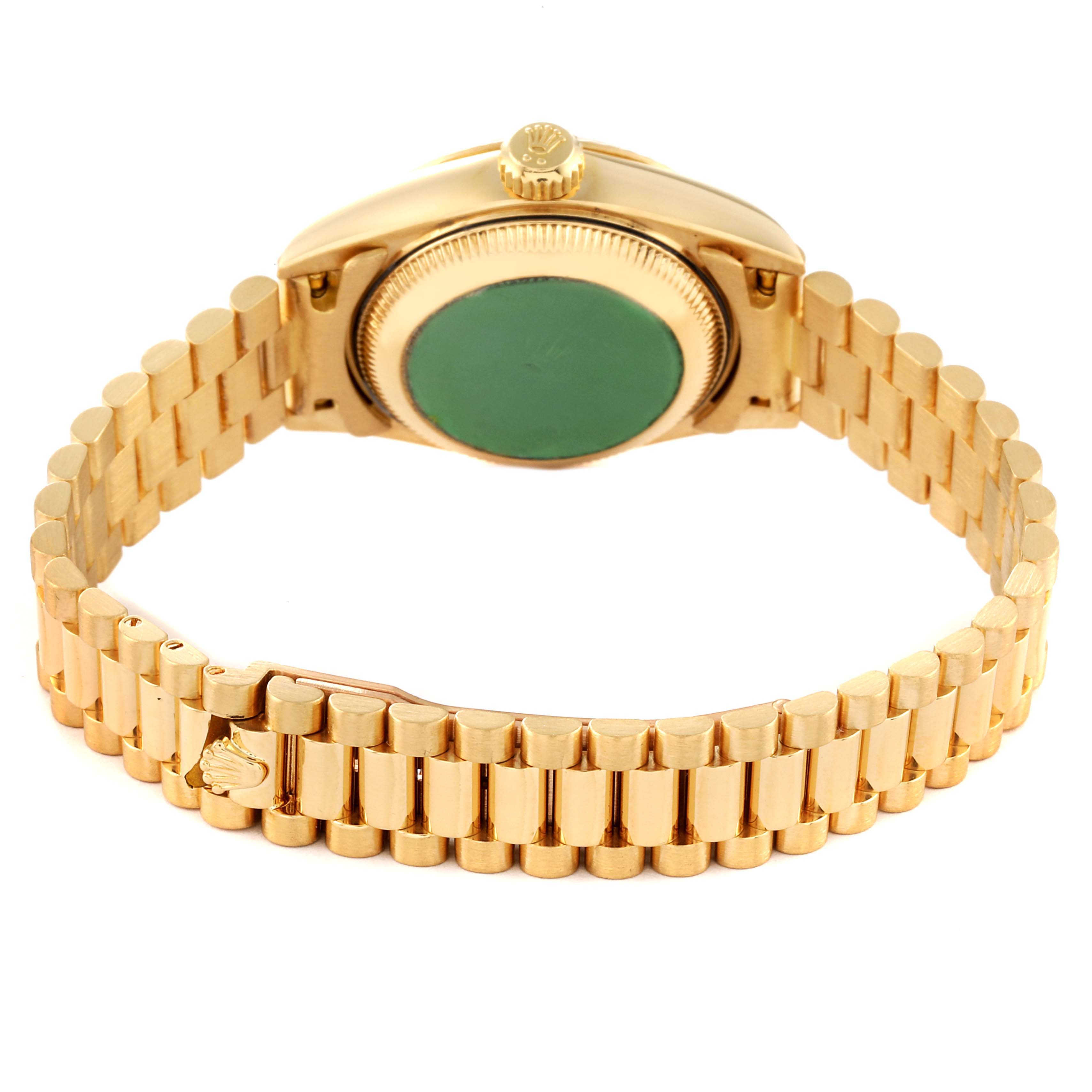 The image shows the back view of a Rolex President 79178 Women
s Yellow Gold Champagne Dial 79178 Women
s Yellow Gold Champagne Dial model watch, highlighting the bracelet and case back.