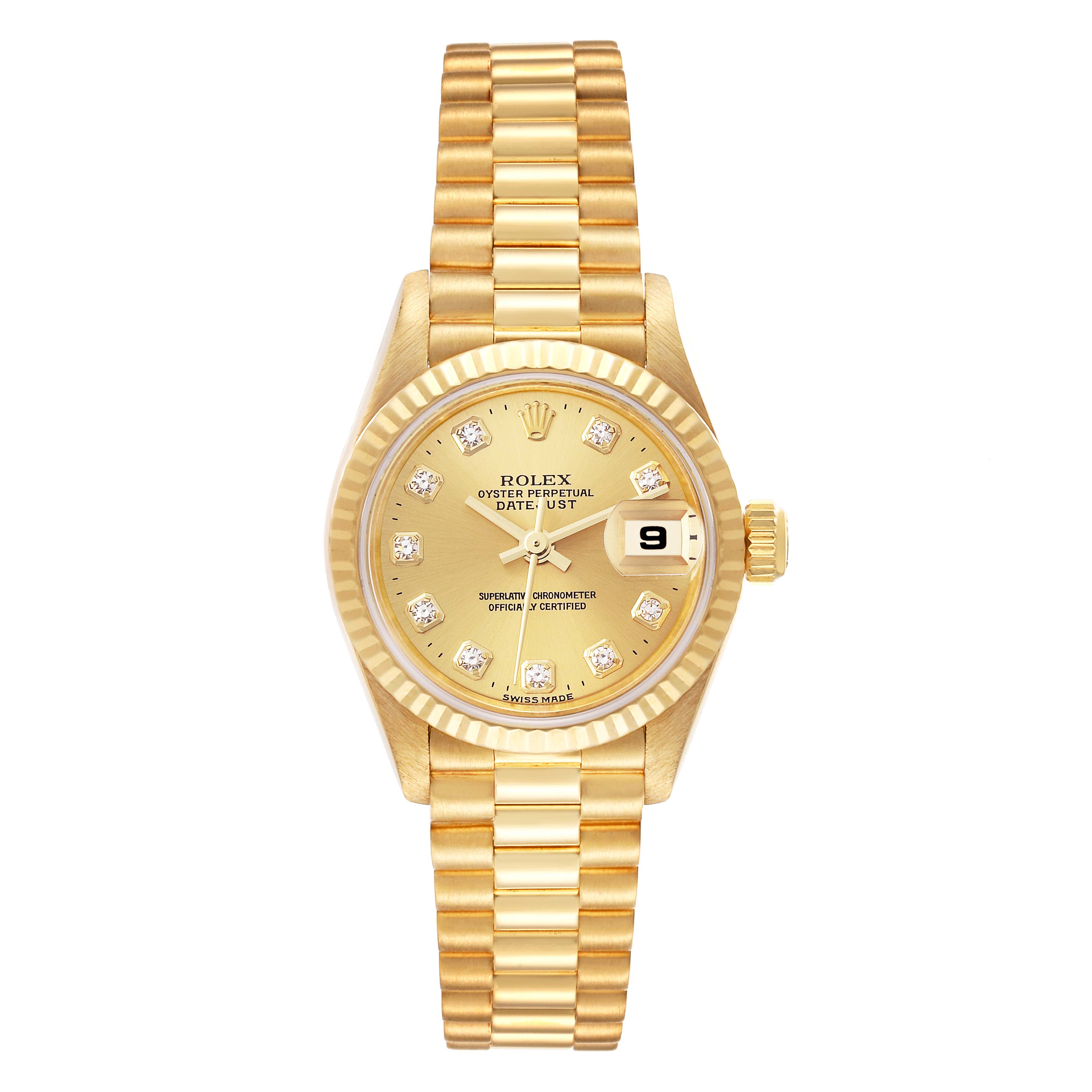 The image shows a front view of a Rolex President 79178 Women
s Yellow Gold Champagne Dial 79178 Women
s Yellow Gold Champagne Dial model watch, highlighting the dial, bezel, and bracelet.