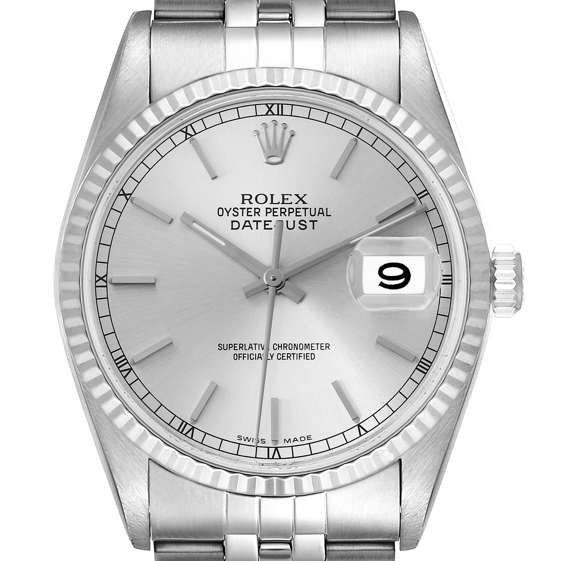 The image shows a front view of the Rolex Datejust 16234 Men's Stainless Steel Silver Dial 16234 Men's Stainless Steel Silver Dial, displaying the dial, bezel, hands, hour markers, and date window.