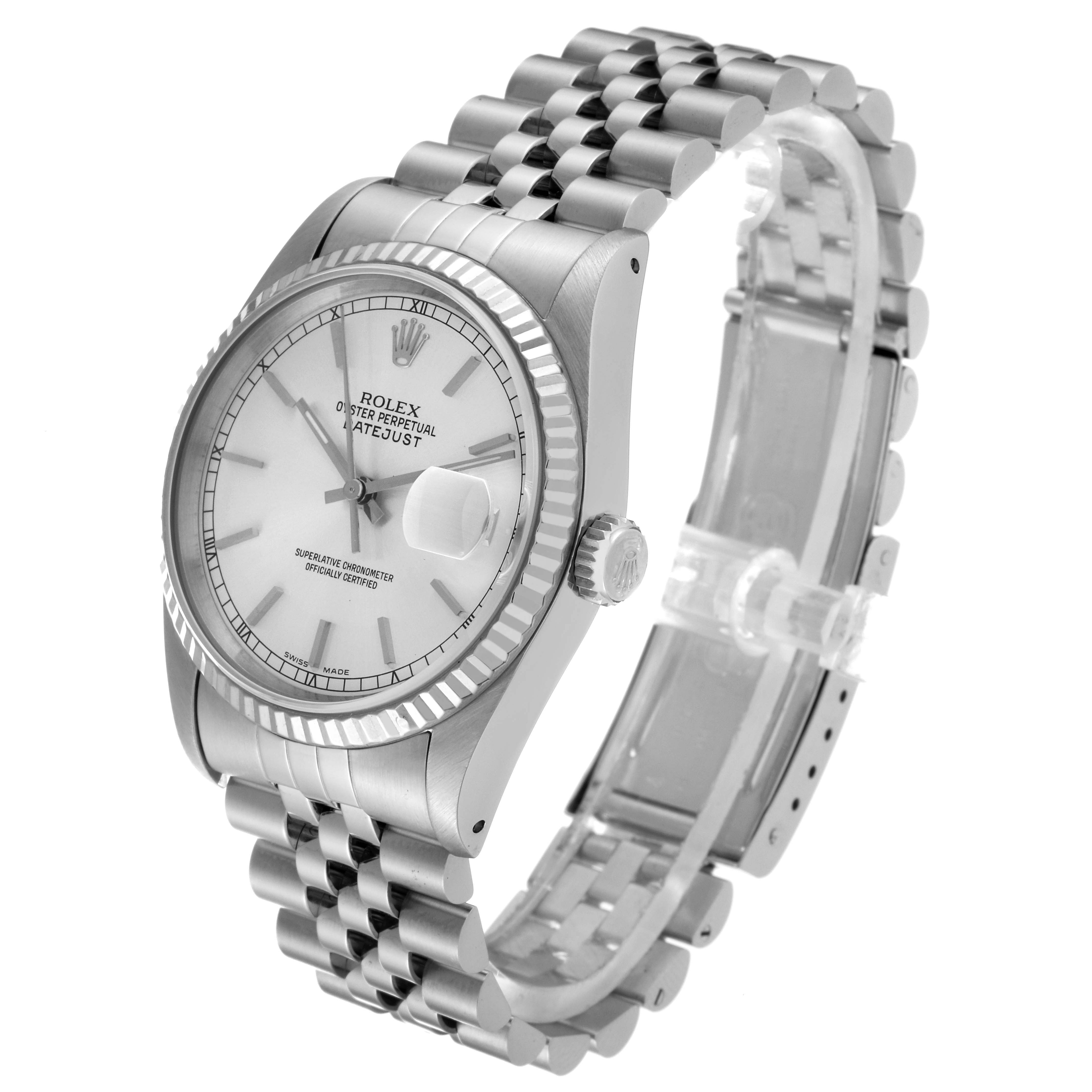 This image shows a Rolex Datejust 16234 Men's Stainless Steel Silver Dial 16234 Men's Stainless Steel Silver Dial watch at a 3/4 angle, highlighting the face, bezel, crown, and Jubilee bracelet.