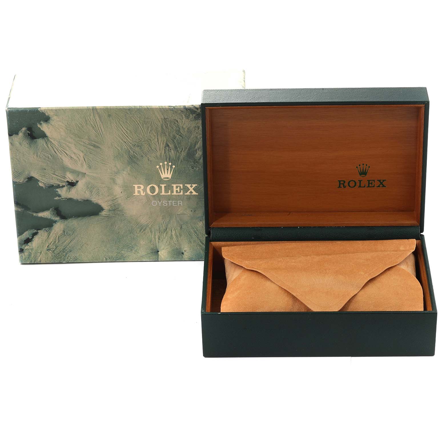 The image shows the packaging of a Rolex Datejust 16234 Men's Stainless Steel Silver Dial 16234 Men's Stainless Steel Silver Dial with its box and watch case.