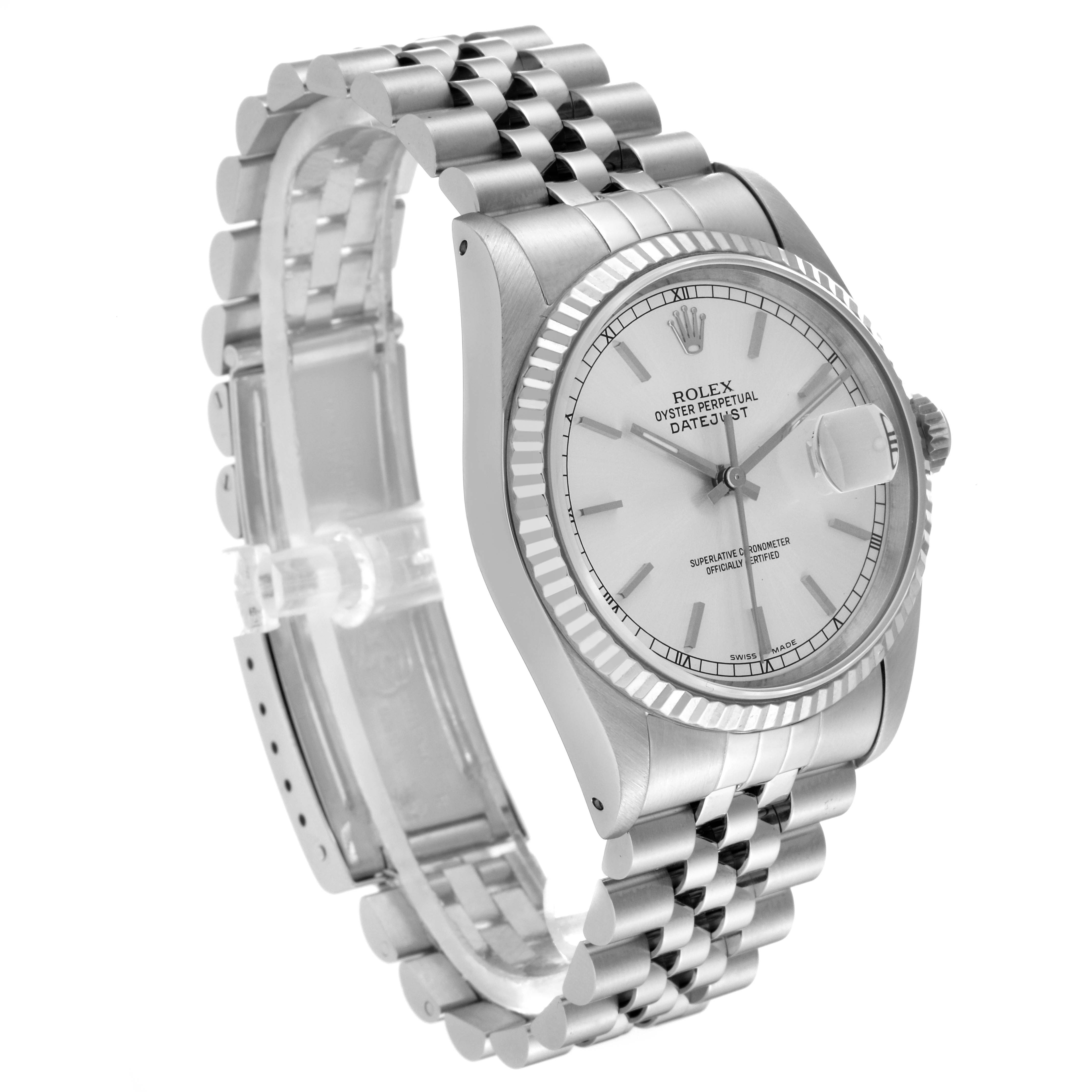 The image shows a Rolex Datejust 16234 Men's Stainless Steel Silver Dial 16234 Men's Stainless Steel Silver Dial model from an angled side view, revealing the bracelet, dial, and crown.