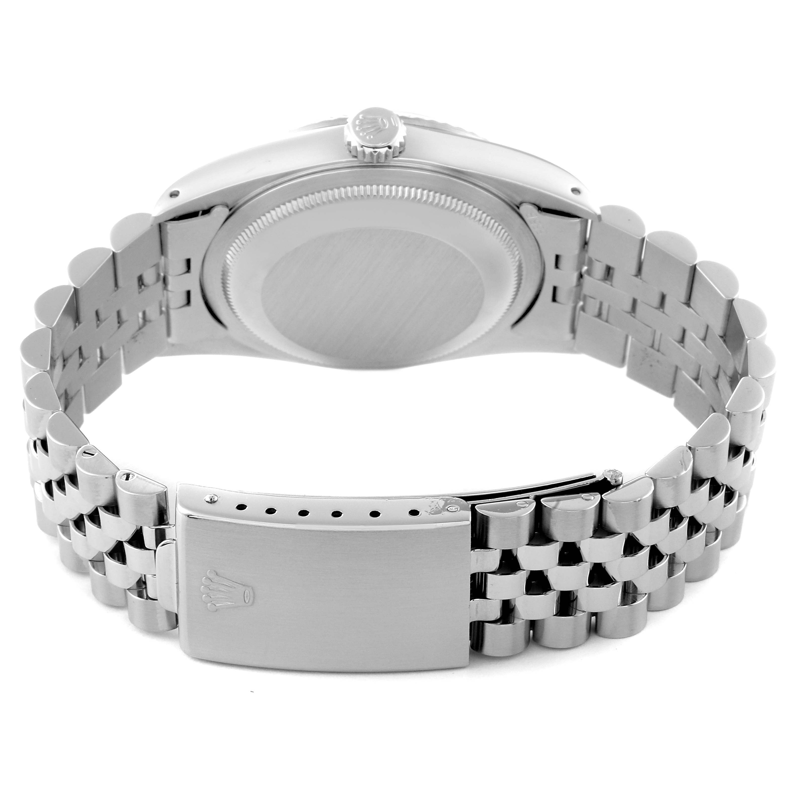 This image shows the back of a Rolex Datejust 16234 Men's Stainless Steel Silver Dial 16234 Men's Stainless Steel Silver Dial watch, including the caseback and Jubilee bracelet with the clasp open.