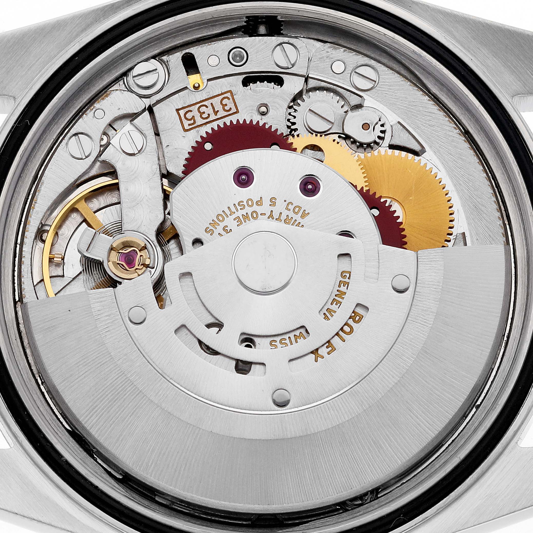 The image shows the inner mechanical movement of the Rolex Datejust 16234 Men's Stainless Steel Silver Dial 16234 Men's Stainless Steel Silver Dial watch from a back or rear angle.