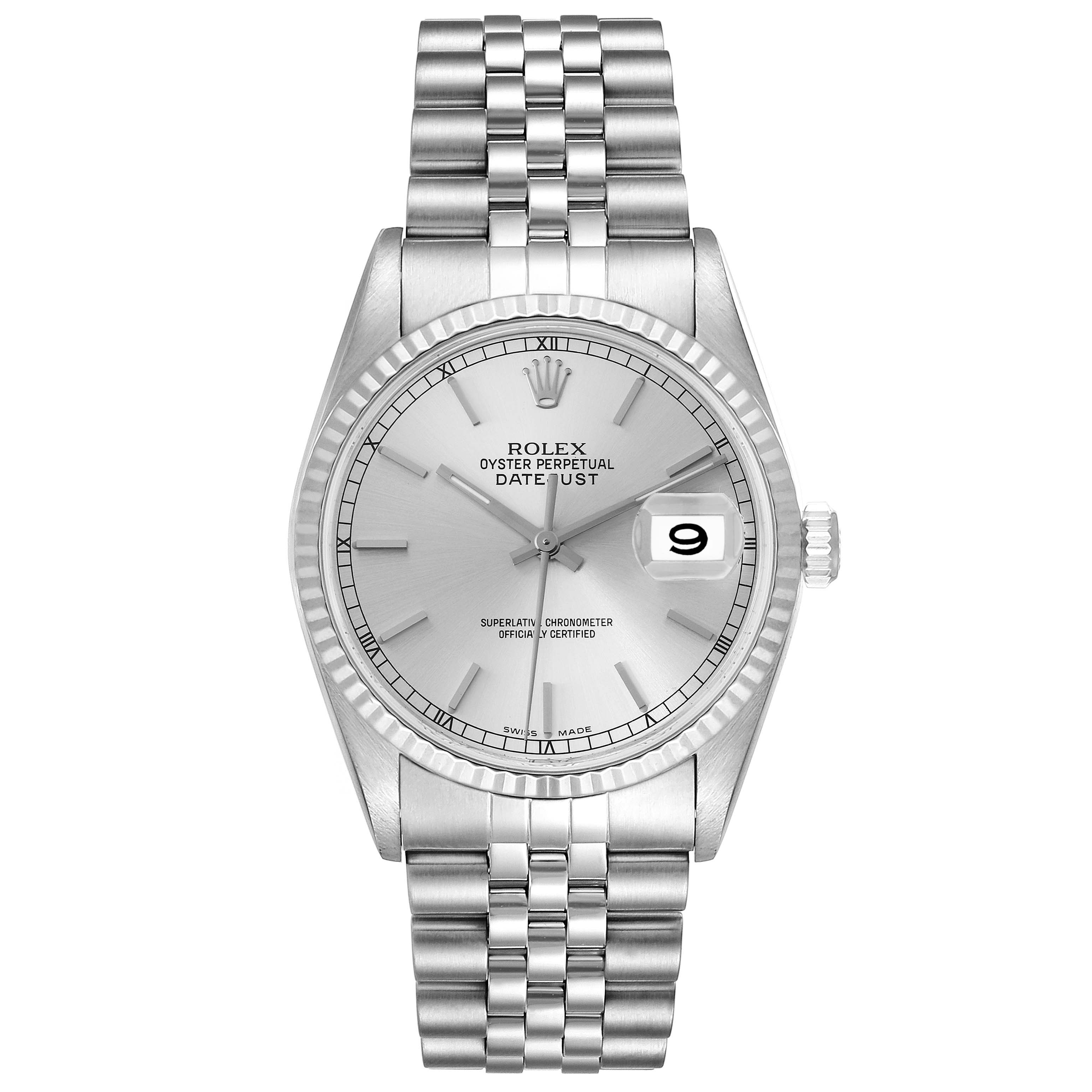 This image shows a front view of a Rolex Datejust 16234 Men's Stainless Steel Silver Dial 16234 Men's Stainless Steel Silver Dial watch with a silver dial and Jubilee bracelet.
