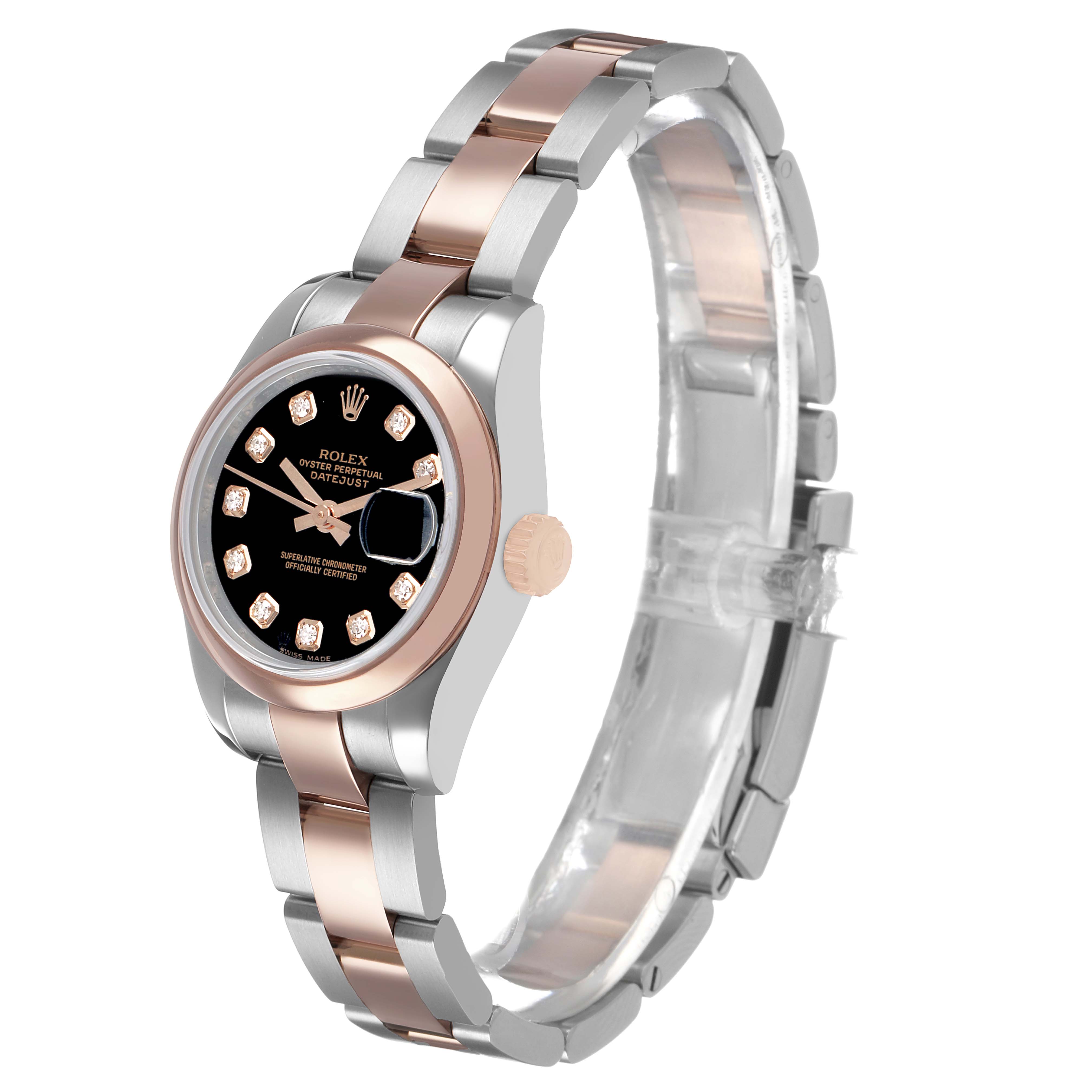 The Rolex Datejust 179161 Women's Steel and Gold (two tone) Black Dial watch is shown at a slight side angle, displaying the face, bezel, crown, and part of the bracelet.