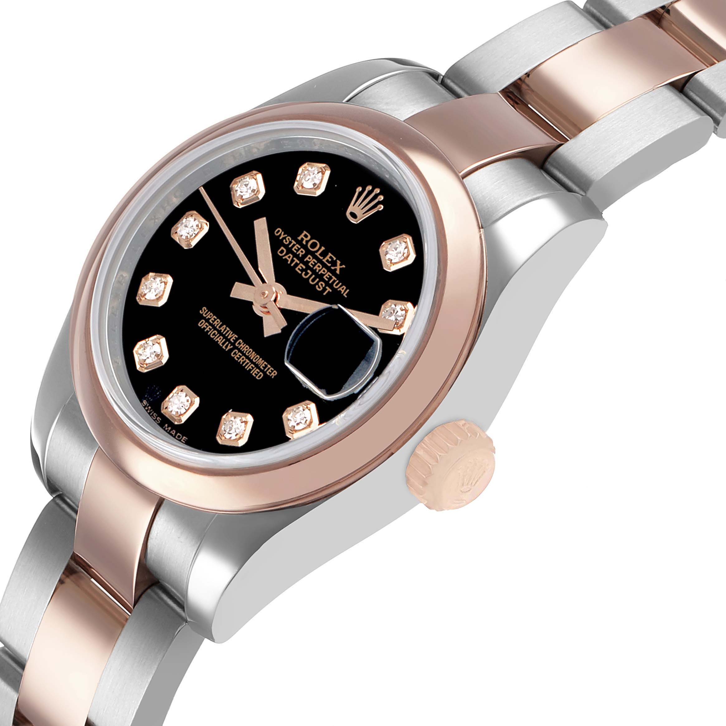 The Rolex Datejust 179161 Womens Steel and Gold (two tone) Black Dial watch is shown at a slight angle, highlighting the case, crown, and part of the bracelet.