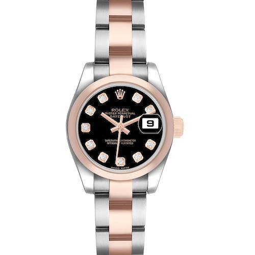 The Rolex Datejust 179161 Women's Steel and Gold (two tone) Black Dial watch is shown from a top view, displaying the bracelet, bezel, dial, and date feature.