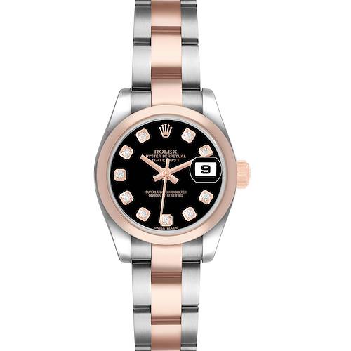The Rolex Datejust 179161 Women's Steel and Gold (two tone) Black Dial watch is shown from a top-down angle, displaying the face, bezel, and part of the bracelet.