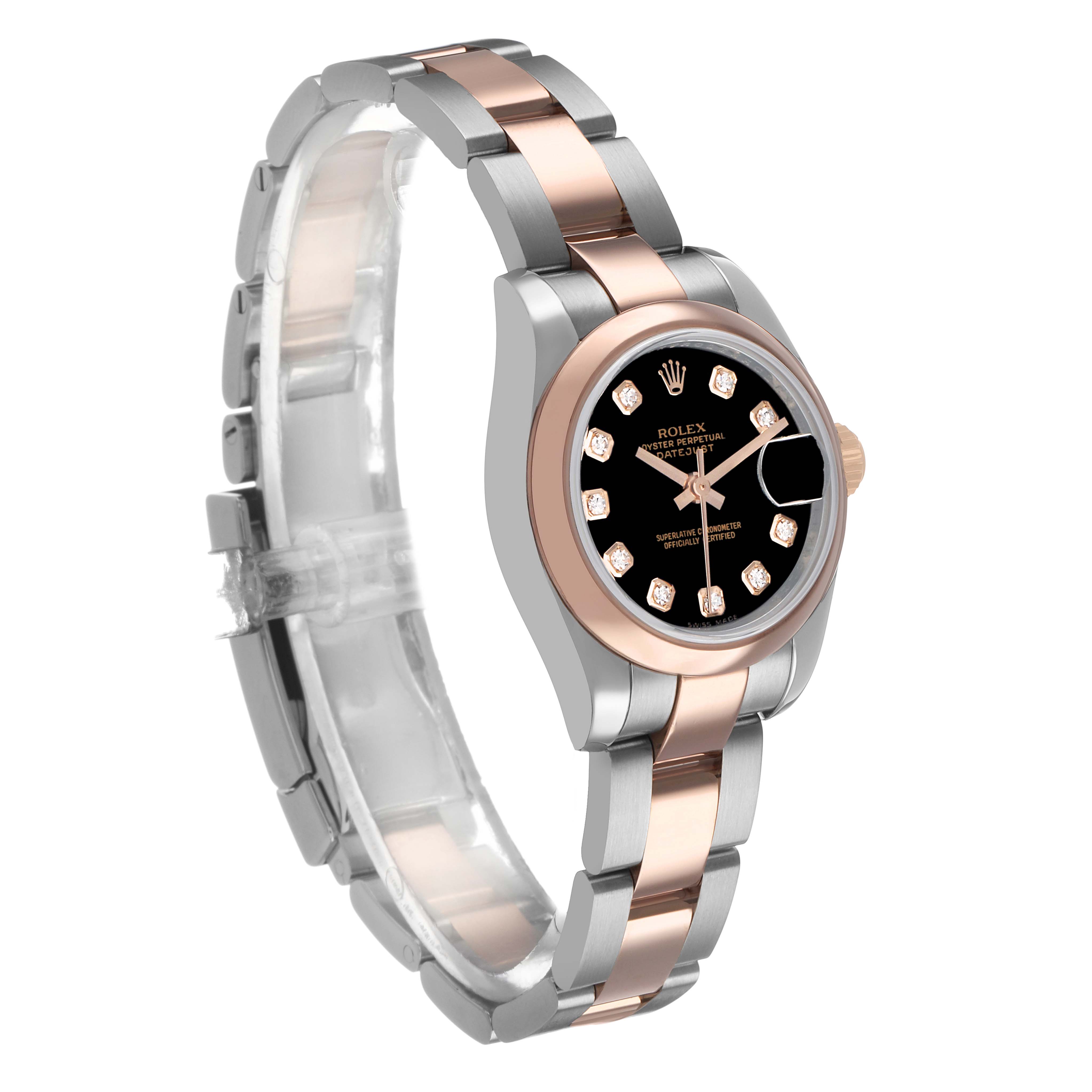 The Rolex Datejust 179161 Women's Steel and Gold (two tone) Black Dial watch is shown at a 3/4 angle, displaying the bezel, dial, and bracelet.