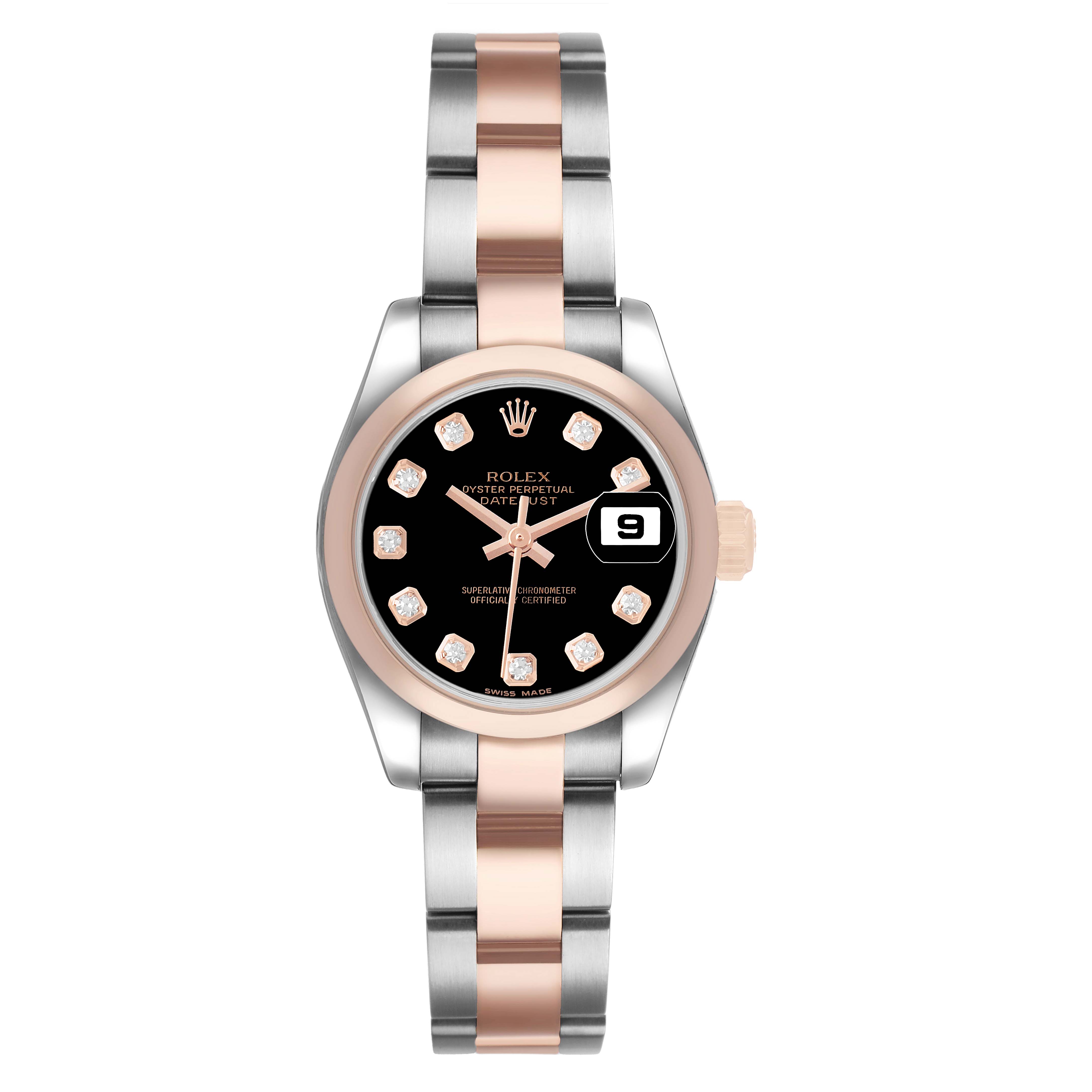 The image shows a front view of a Rolex Datejust 179161 Women's Steel and Gold (two tone) Black Dial watch, highlighting its face, bezel, bracelet, and date feature.