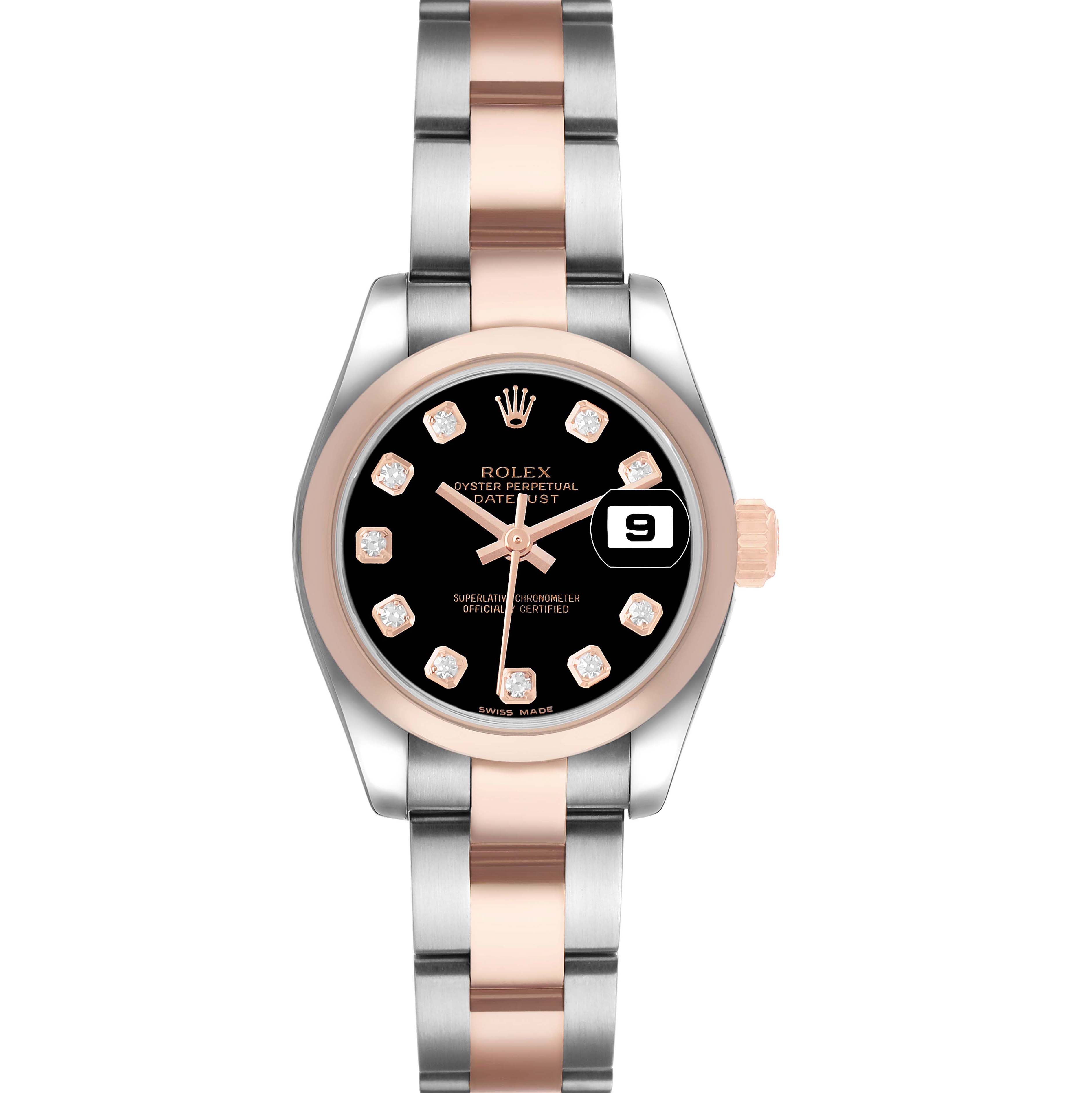 The Rolex Datejust 179161 Womens Steel and Gold (two tone) Black Dial watch is shown from the front, displaying the face, bezel, bracelet, and crown.