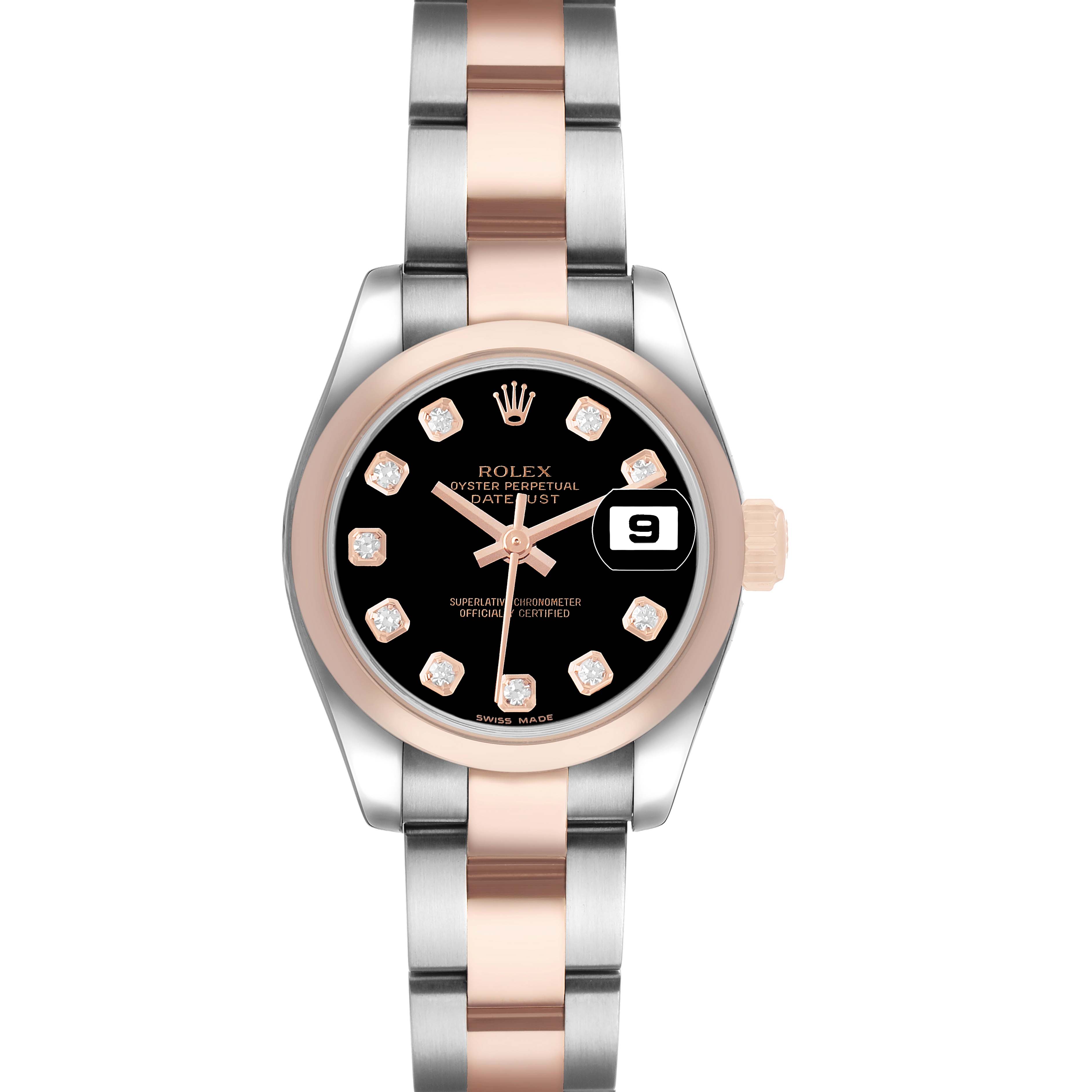 The Rolex Datejust 179161 Women's Steel and Gold (two tone) Black Dial is shown from a top-down angle, highlighting its black dial, date window, diamond markers, and two-tone bracelet.