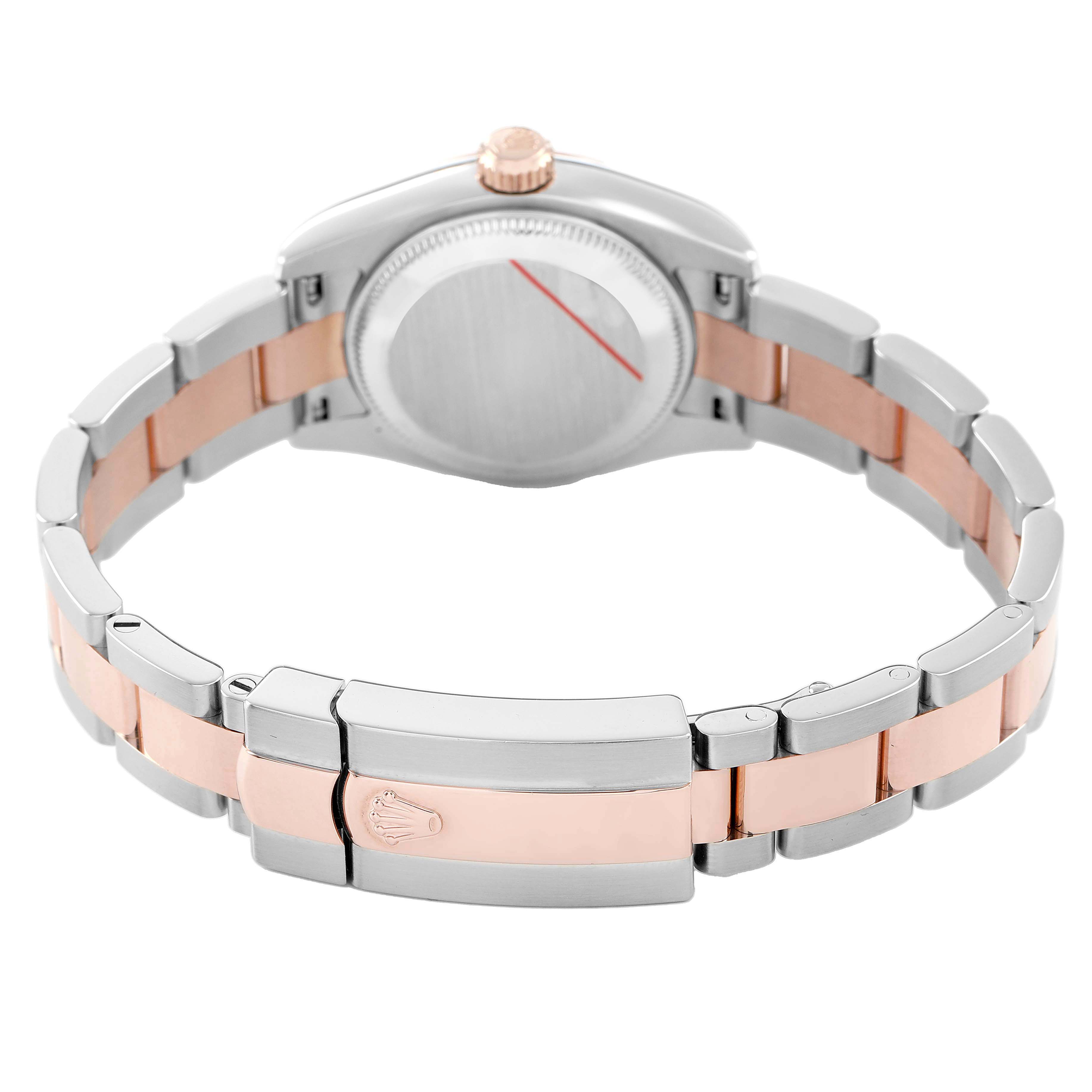 The image shows the back view of a Rolex Datejust 179161 Women's Steel and Gold (two tone) Black Dial, focusing on the bracelet and clasp with the case back visible.