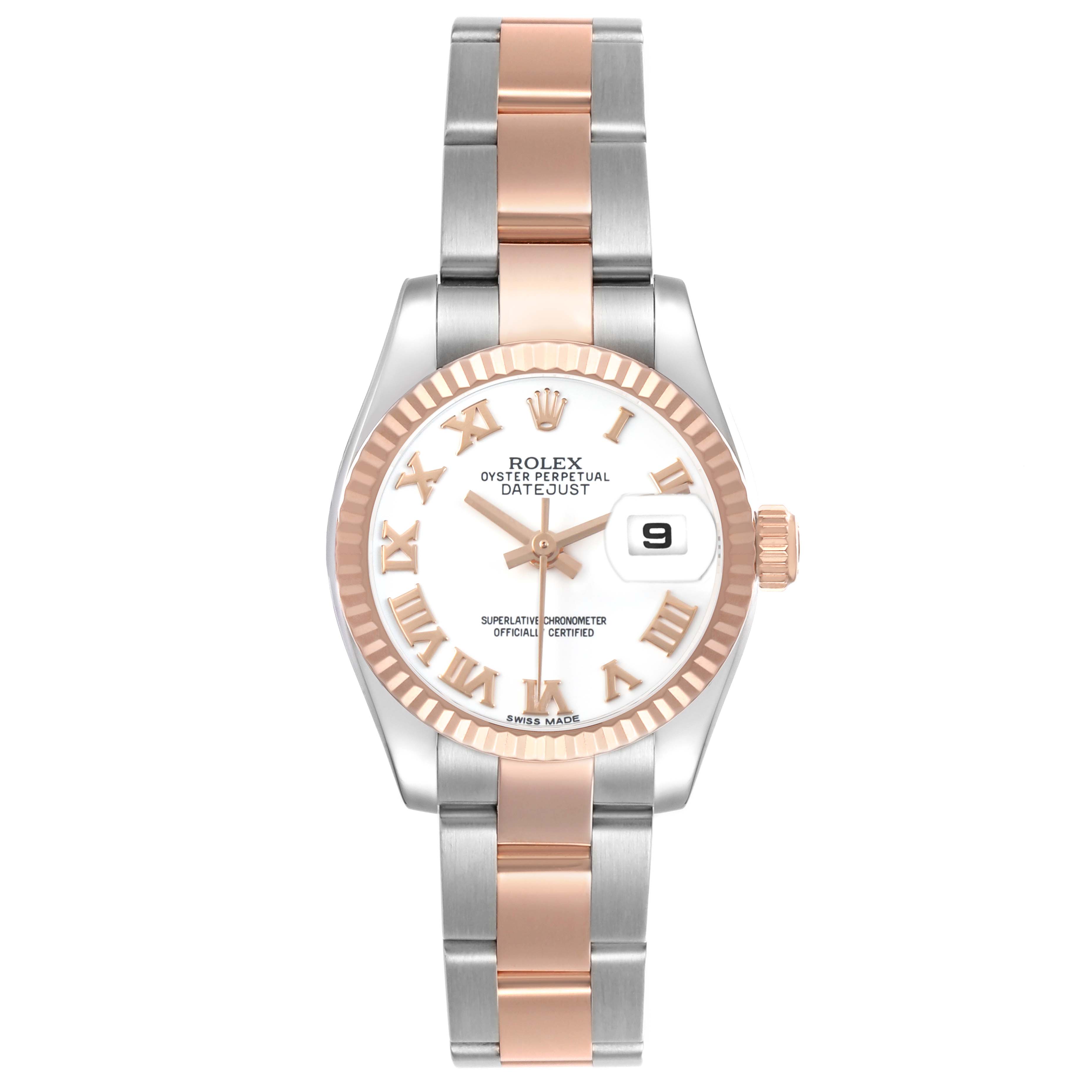The Rolex Datejust 179171 Women's Steel and Gold (two tone) White Dial watch is shown from a top view, highlighting the dial, bezel, and two-tone bracelet.