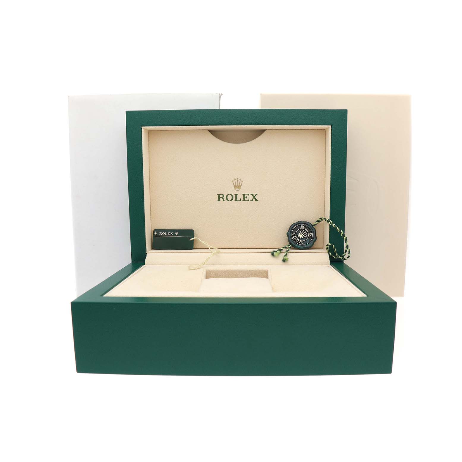 The image shows an open Rolex Datejust 179171 Women's Steel and Gold (two tone) White Dial watch box, featuring the interior packaging and a tag.