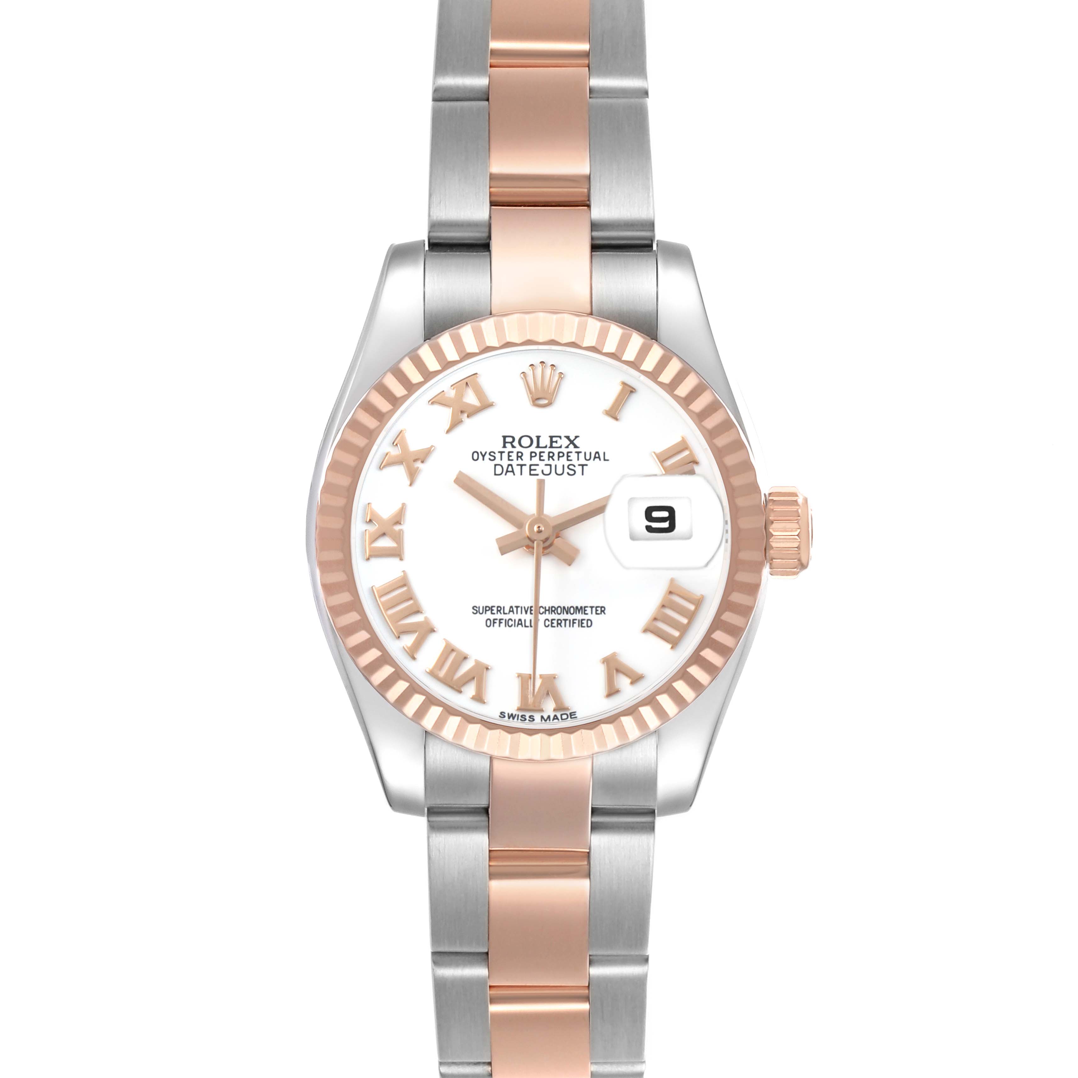 The Rolex Datejust 179171 Women's Steel and Gold (two tone) White Dial watch is shown from a front angle, featuring its dial, bezel, and two-tone bracelet.