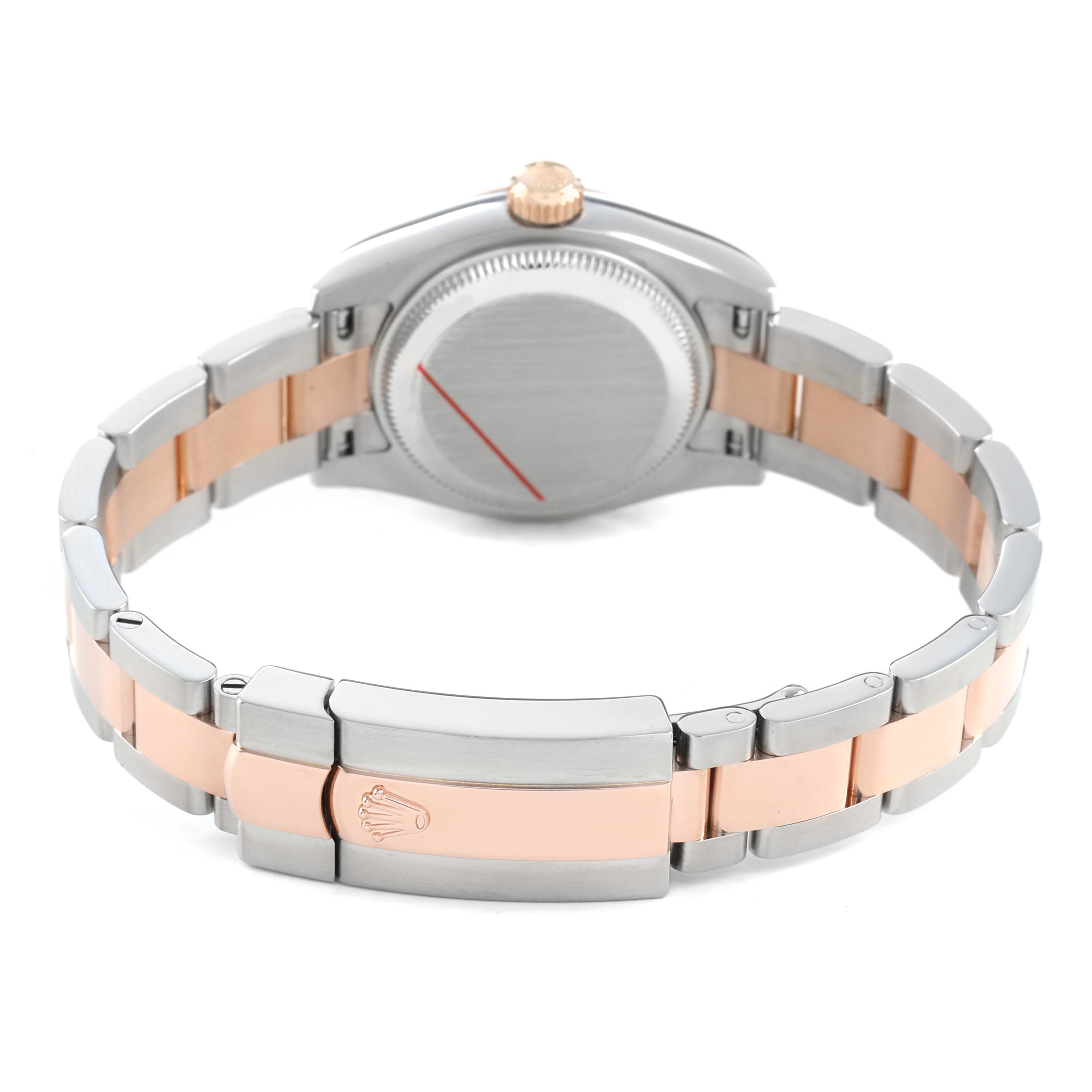 The image shows the Rolex Datejust 179171 Women's Steel and Gold (two tone) White Dial from the back, highlighting the clasp, bracelet, and case back.