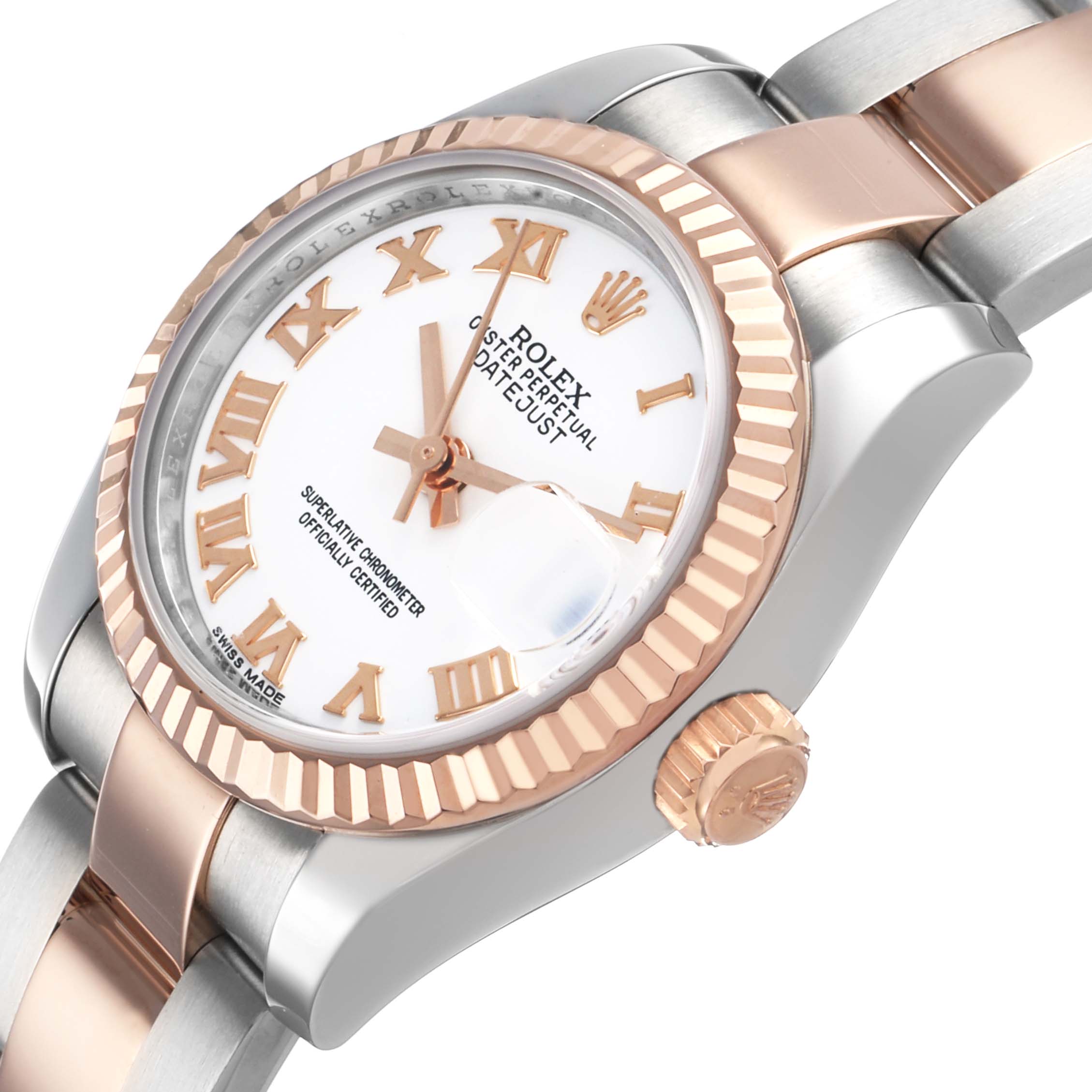 The Rolex Datejust 179171 Women's Steel and Gold (two tone) White Dial watch is shown at an angled close-up, highlighting the face, crown, bezel, and part of the bracelet.