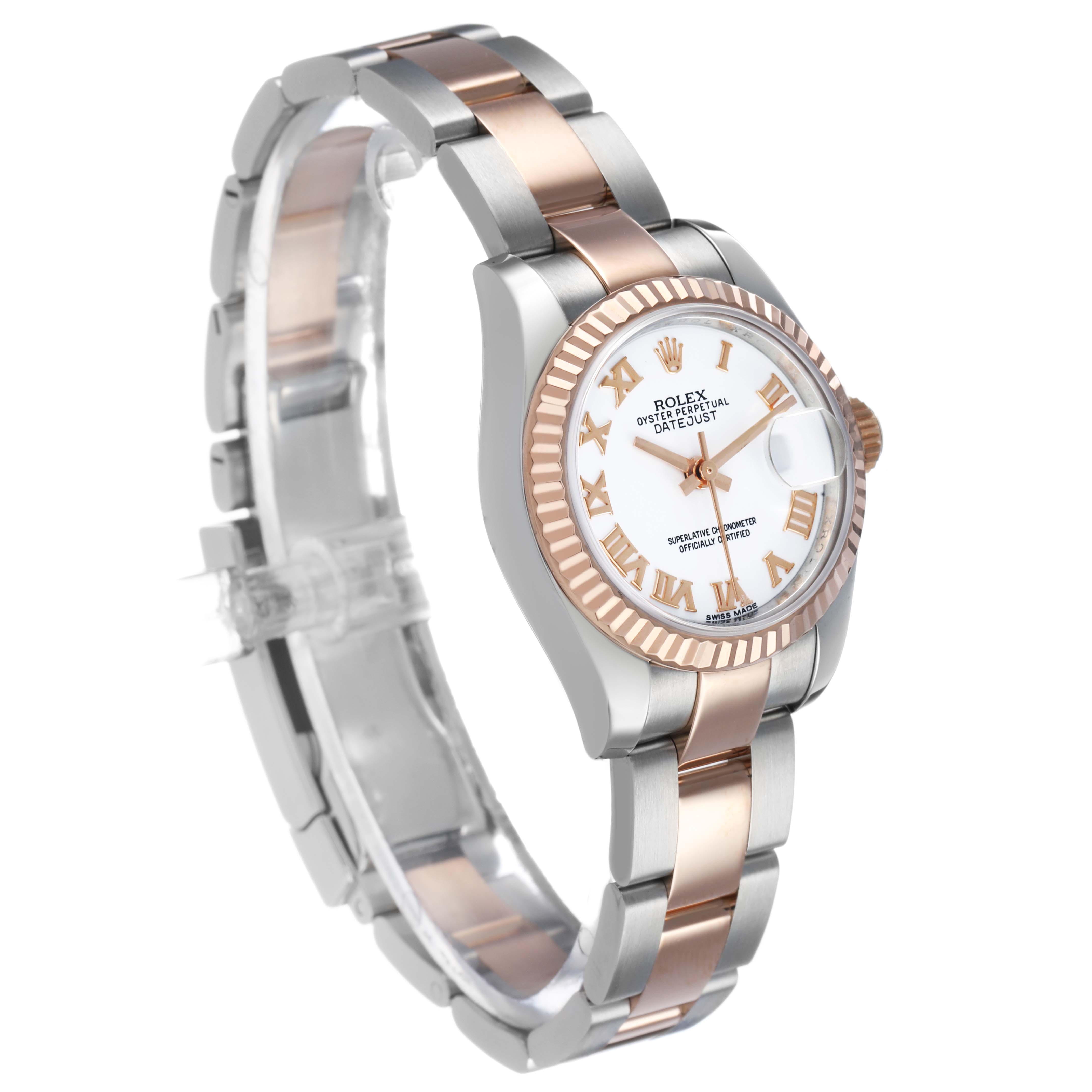 The Rolex Datejust 179171 Women's Steel and Gold (two tone) White Dial watch is shown at an angled side view, highlighting its two-tone bracelet and fluted bezel.