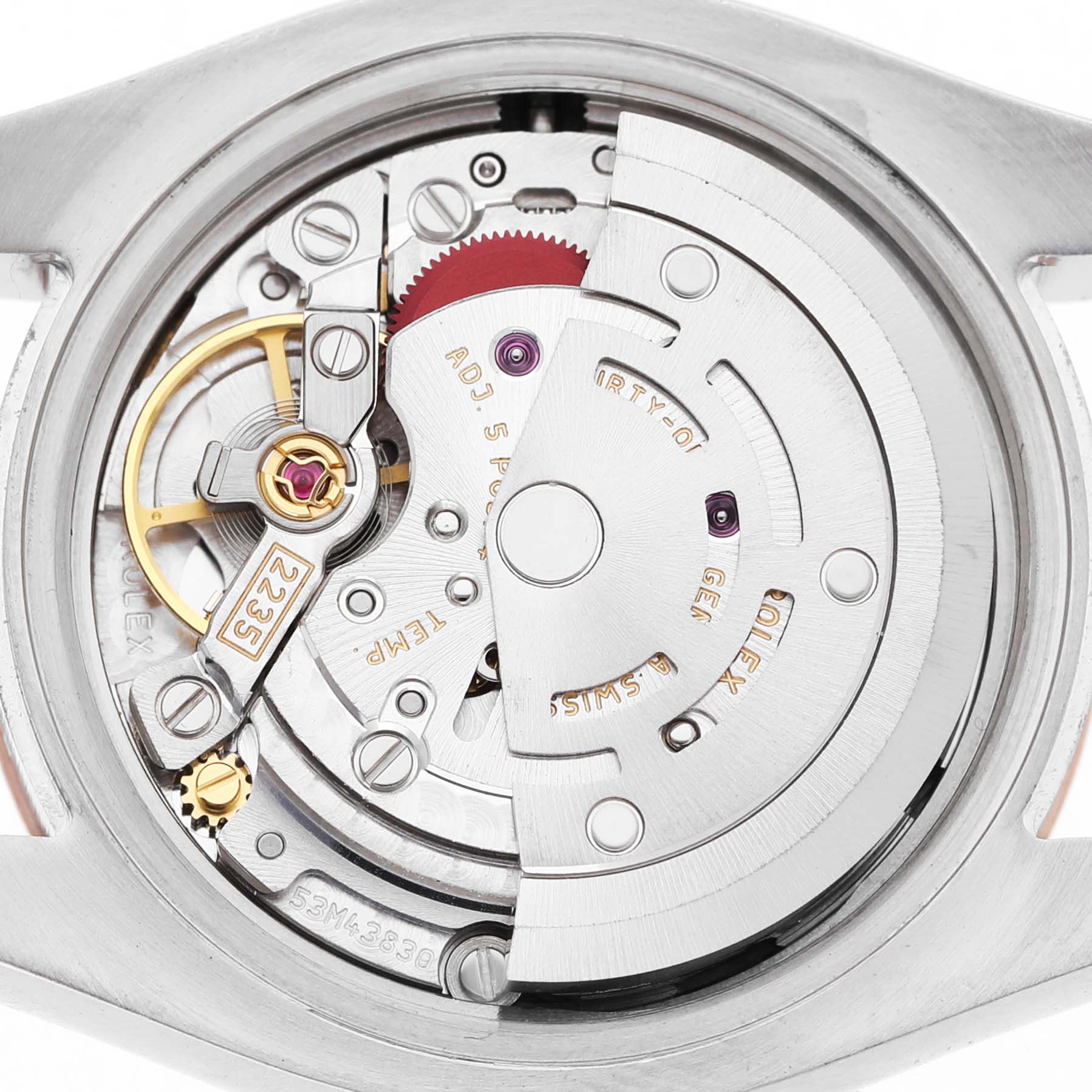 The image shows the movement of a Rolex Datejust 179171 Women's Steel and Gold (two tone) White Dial watch from a top-down angle, highlighting its intricate mechanical components.