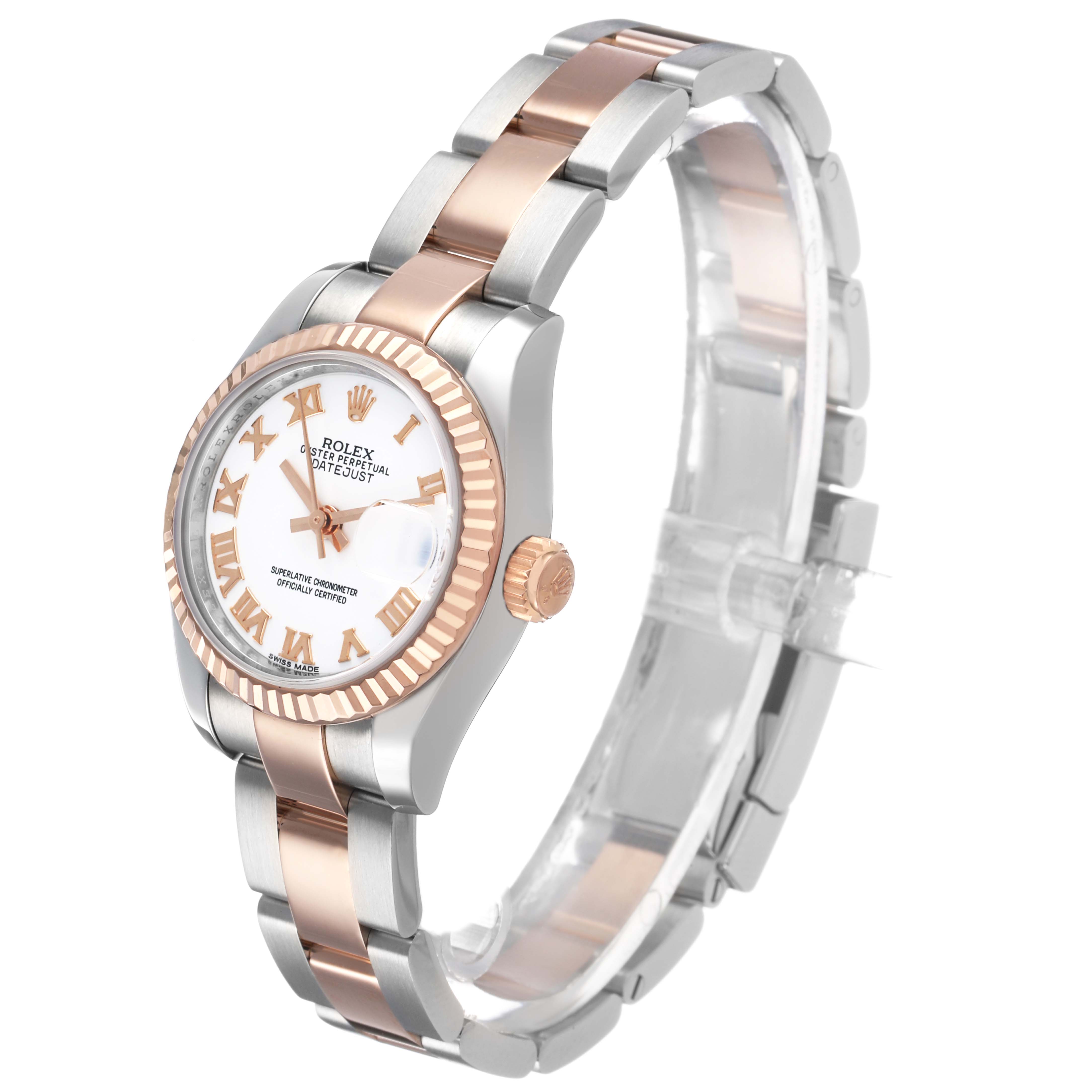 The Rolex Datejust 179171 Women's Steel and Gold (two tone) White Dial watch is shown at a three-quarter angle, displaying its rose gold and silver bracelet, fluted bezel, and white dial.