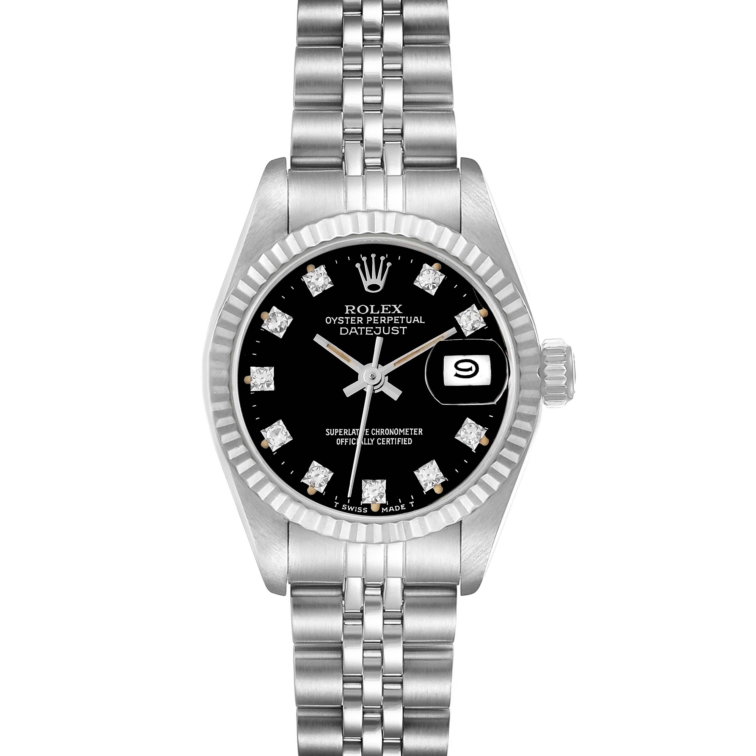 The image shows a front-facing view of a Rolex Datejust 69174 Women's Stainless Steel Black Dial 69174 Women's Stainless Steel Black Dial watch, showcasing its dial, bracelet, and date window.