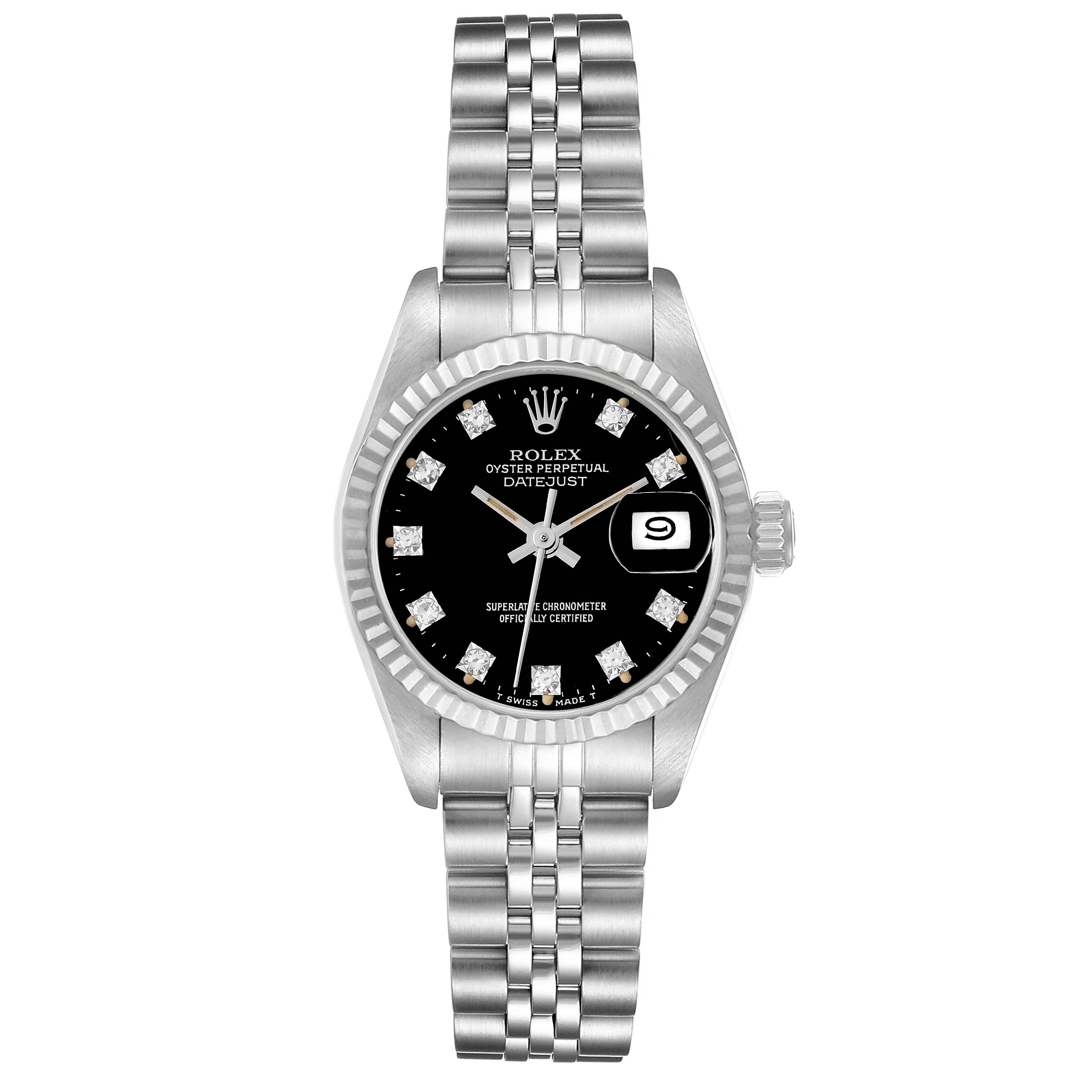 The image shows a front view of a Rolex Datejust 69174 Women's Stainless Steel Black Dial 69174 Women's Stainless Steel Black Dial watch with a black dial and silver Jubilee bracelet.