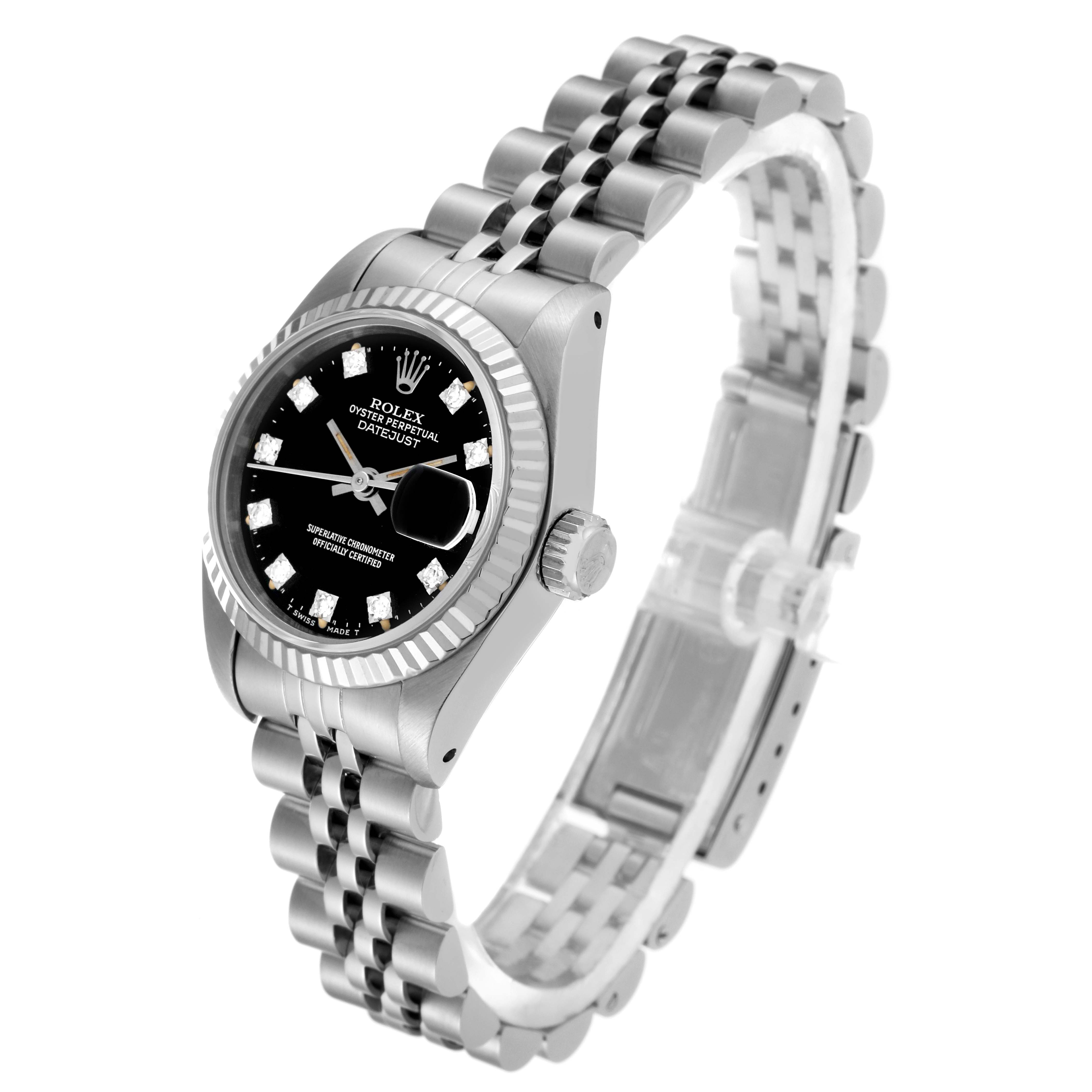 The Rolex Datejust 69174 Women's Stainless Steel Black Dial 69174 Women's Stainless Steel Black Dial watch is shown from an angled side view, highlighting the face, bezel, crown, and bracelet.