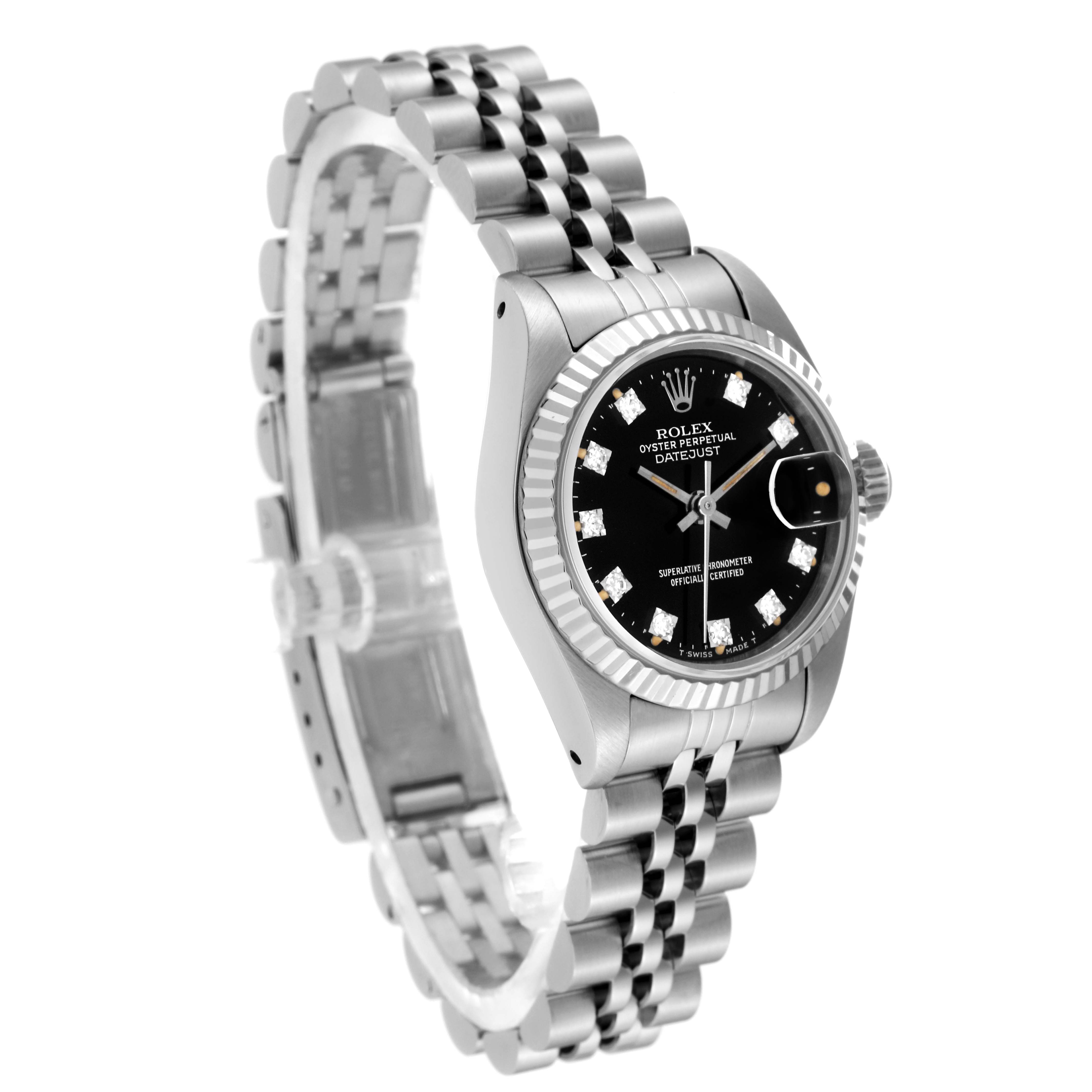 This image shows the Rolex Datejust 69174 Women's Stainless Steel Black Dial 69174 Women's Stainless Steel Black Dial model at an oblique angle, highlighting its black dial, fluted bezel, and jubilee bracelet.