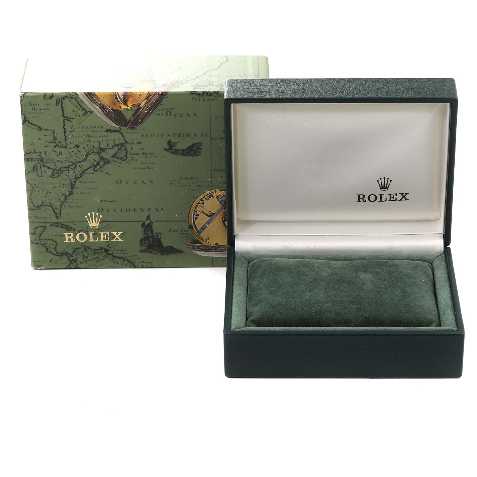 The image shows the open box and outer packaging for a Rolex Datejust 69174 Women's Stainless Steel Black Dial 69174 Women's Stainless Steel Black Dial watch, displaying the cushion and inner lining.