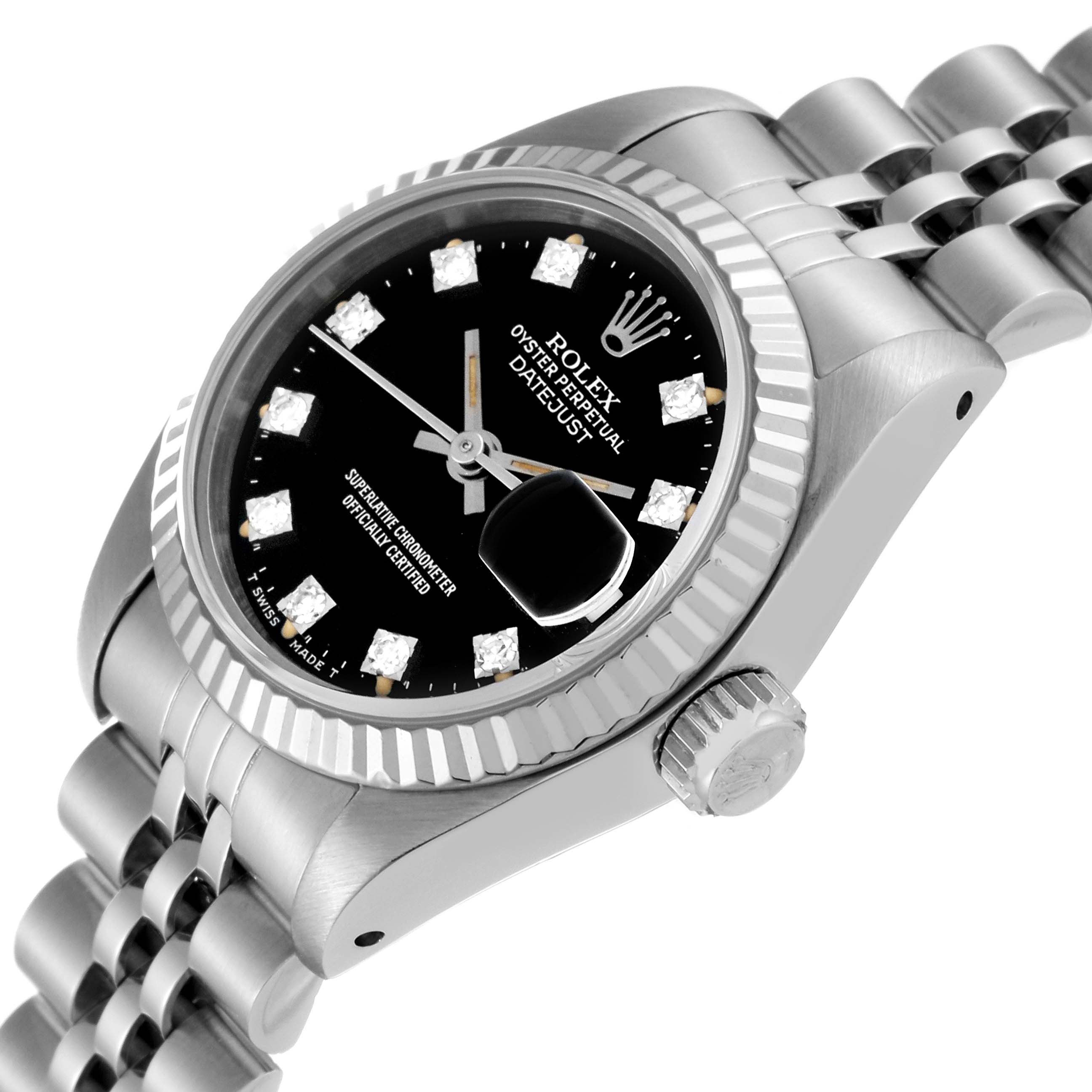 The image shows a Rolex Datejust 69174 Women's Stainless Steel Black Dial 69174 Women's Stainless Steel Black Dial watch from an oblique angle, highlighting its black dial, bezel, crown, and part of the bracelet.