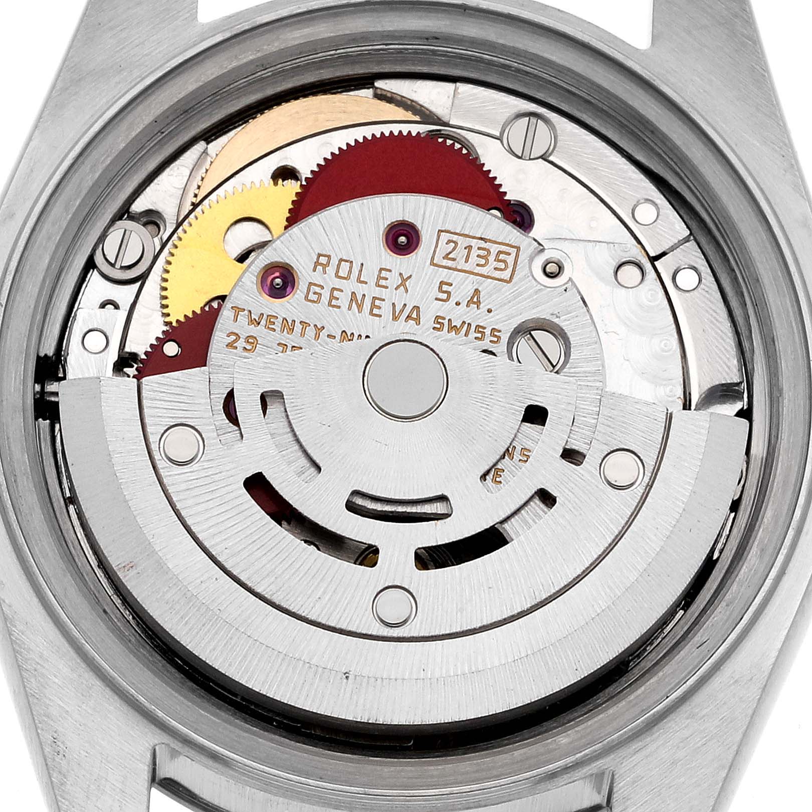 The image displays the inner mechanism and rotor of the Rolex Datejust 69174 Women's Stainless Steel Black Dial 69174 Women's Stainless Steel Black Dial watch, showcasing its intricate movement parts from a back view.