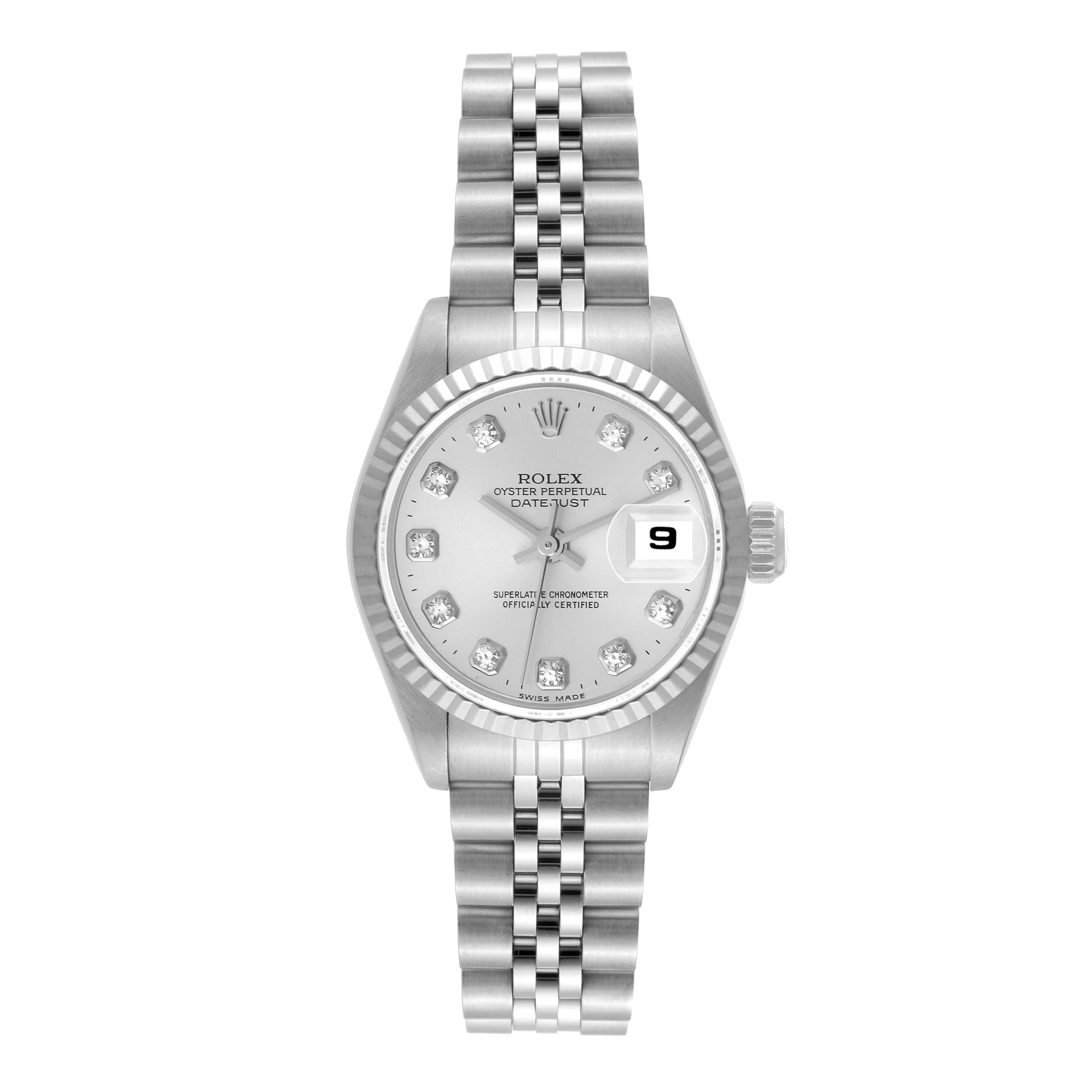 The Rolex Datejust 69174 Women's Stainless Steel Silver Dial 69174 Women's Stainless Steel Silver Dial watch is shown from a top-down angle, displaying the dial, bezel, and complete bracelet.
