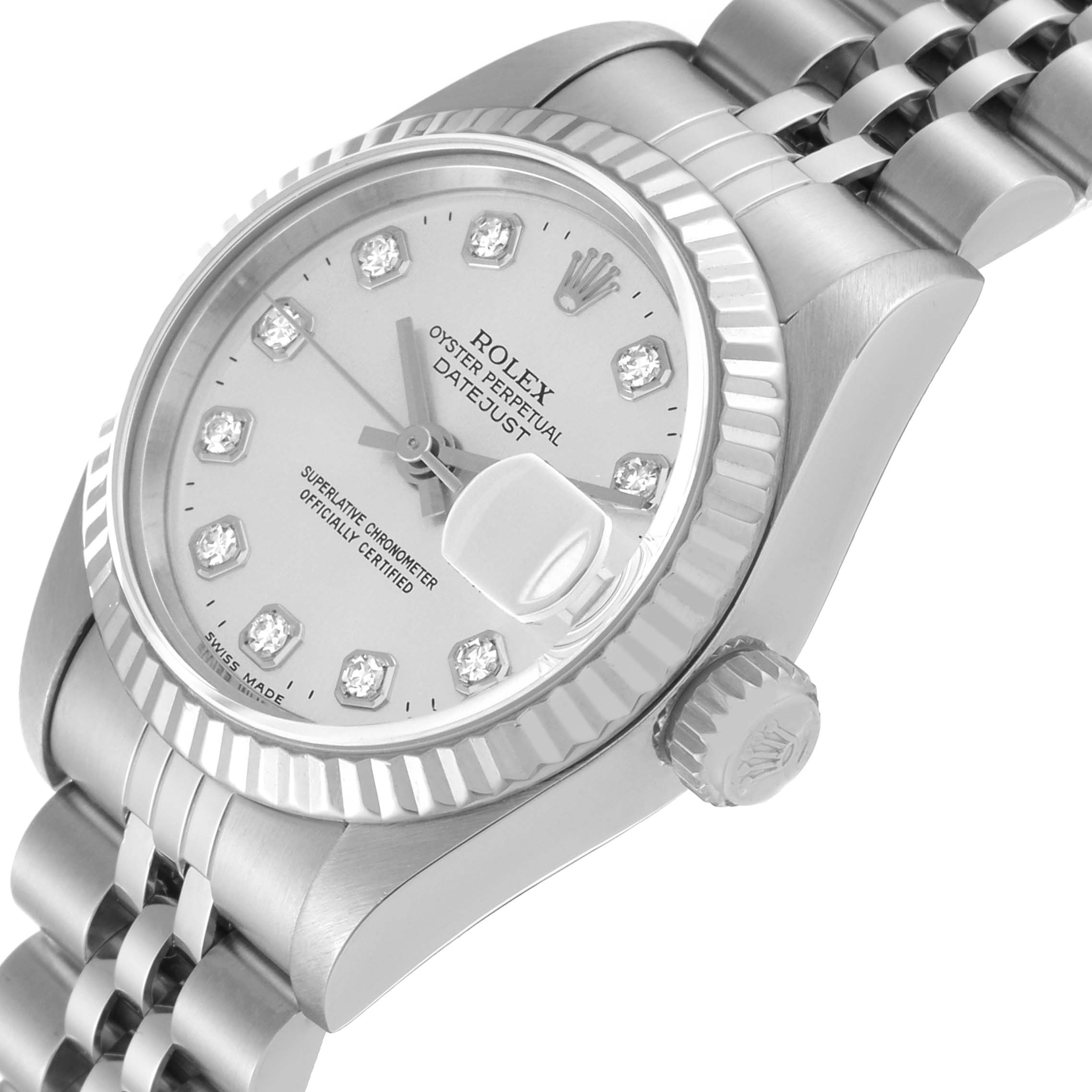 The image shows a close-up angled view of a Rolex Datejust 69174 Women's Stainless Steel Silver Dial 69174 Women's Stainless Steel Silver Dial watch, highlighting the dial, fluted bezel, and part of the bracelet.
