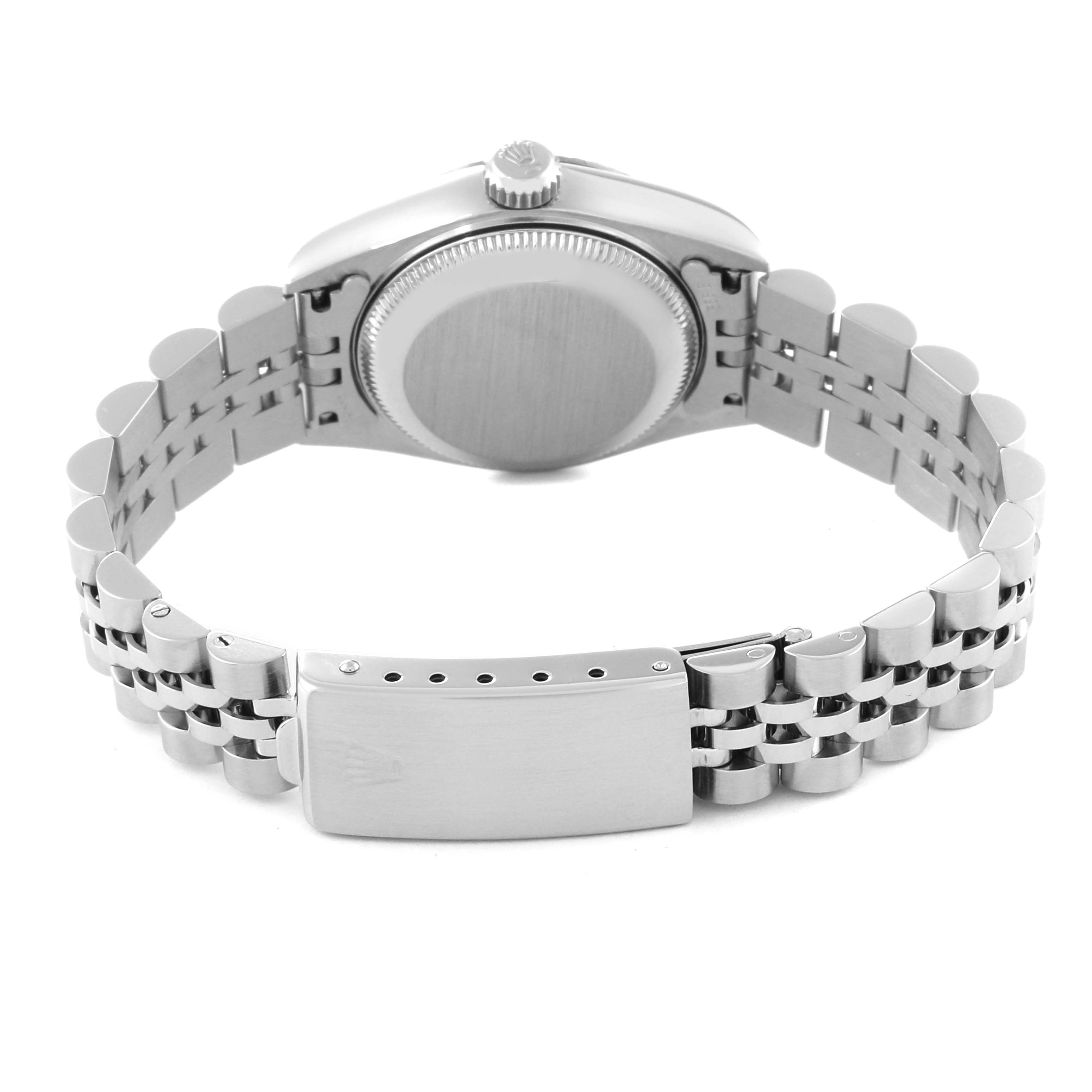The image shows the back view of a Rolex Datejust 69174 Women's Stainless Steel Silver Dial 69174 Women's Stainless Steel Silver Dial watch, highlighting the case, bracelet, and clasp.