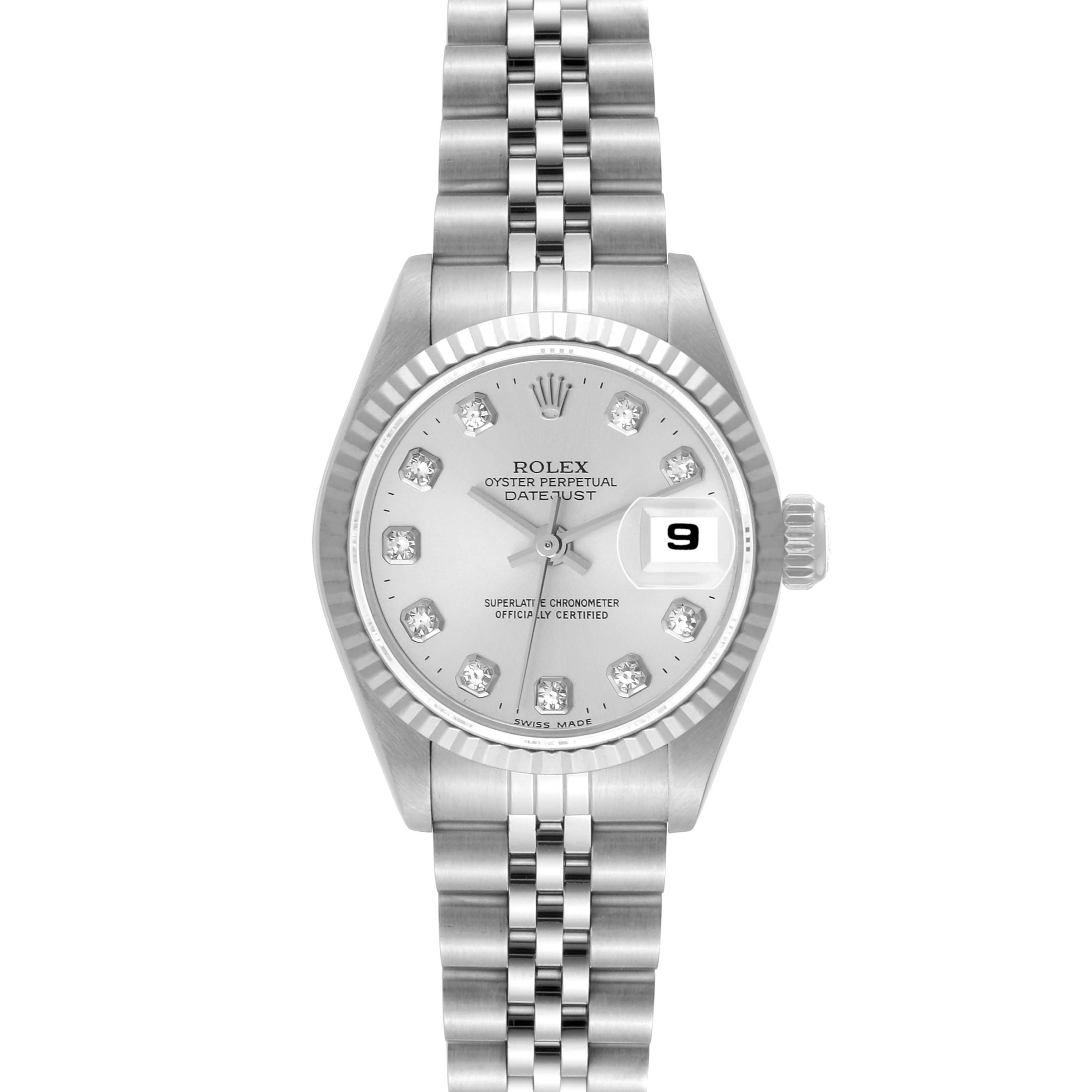 The image shows a Rolex Datejust 69174 Women's Stainless Steel Silver Dial 69174 Women's Stainless Steel Silver Dial watch from a front angle, displaying the dial, bezel, bracelet, and crown.