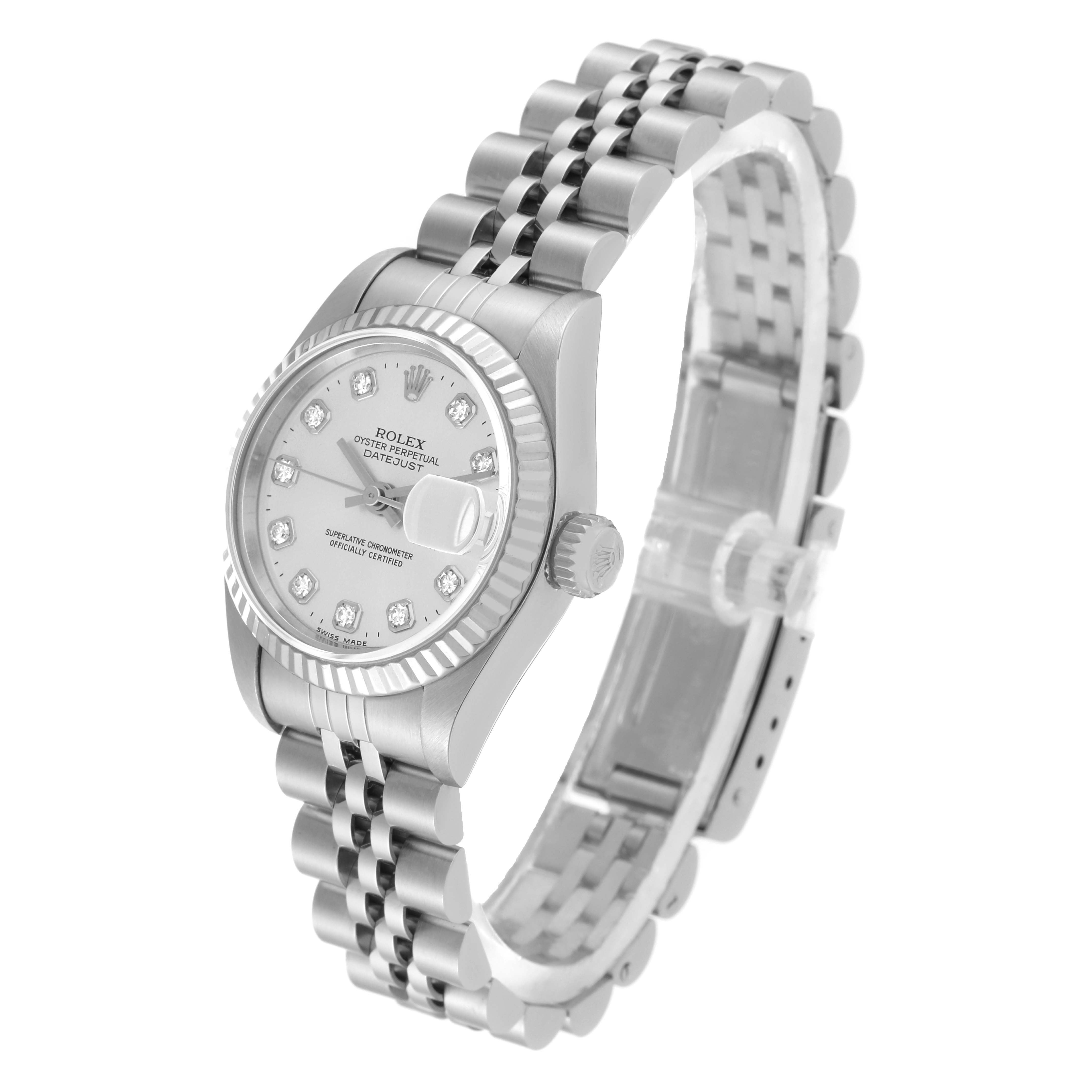 The Rolex Datejust 69174 Women's Stainless Steel Silver Dial 69174 Women's Stainless Steel Silver Dial watch is shown at a slight angle, highlighting its bracelet, crown, and face with diamond markers.