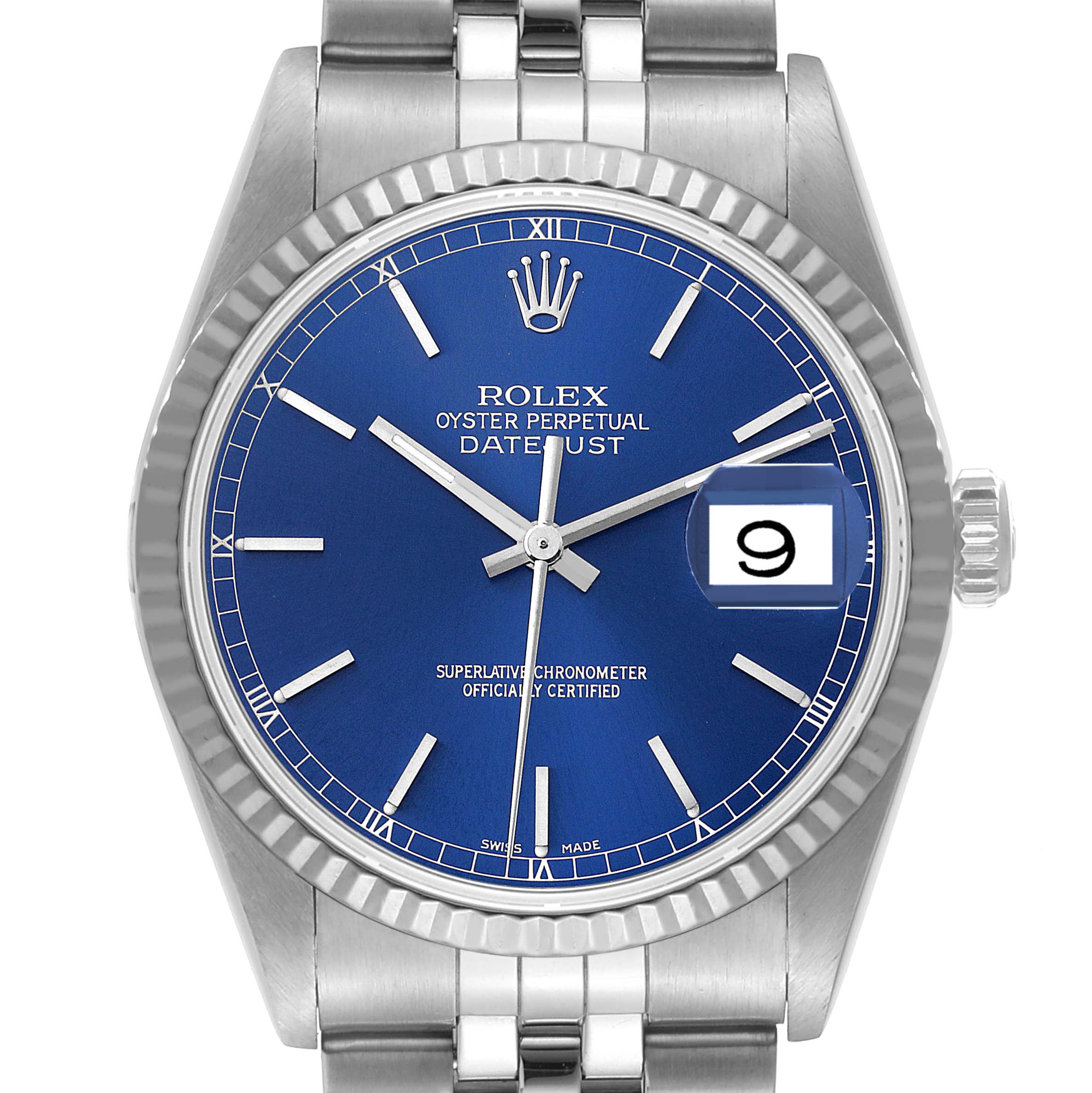 The image shows a front view of a Rolex Datejust 16234 Men's Stainless Steel Blue Dial 16234 Men's Stainless Steel Blue Dial watch, highlighting its dial, hands, date window, and part of the bracelet.