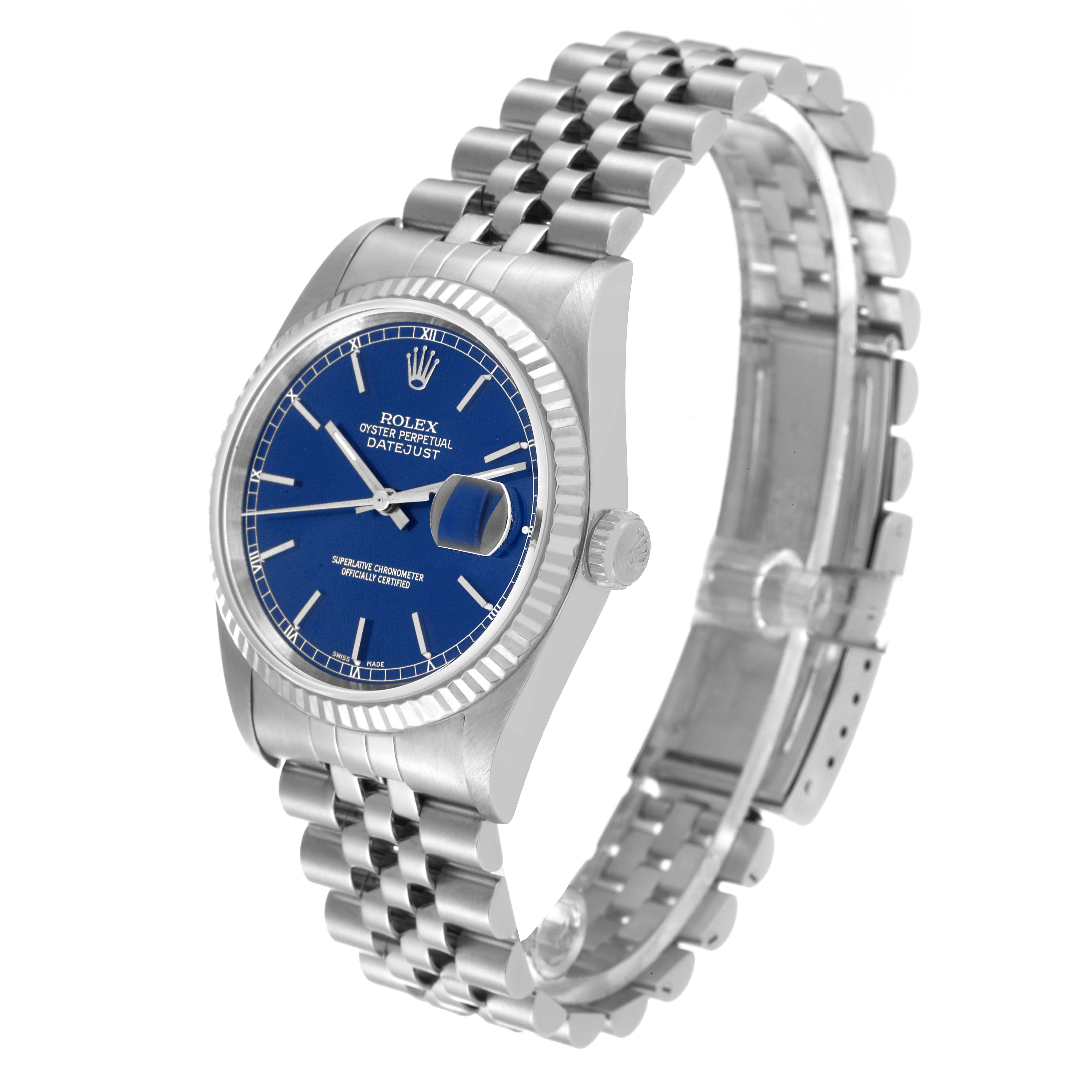 The image shows a Rolex Datejust 16234 Men's Stainless Steel Blue Dial 16234 Men's Stainless Steel Blue Dial watch at an angle highlighting the face, bezel, crown, and jubilee bracelet.