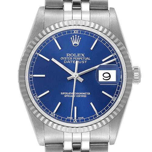 Photo of Rolex Datejust Steel White Gold Fluted Bezel Blue Dial Mens Watch 16234