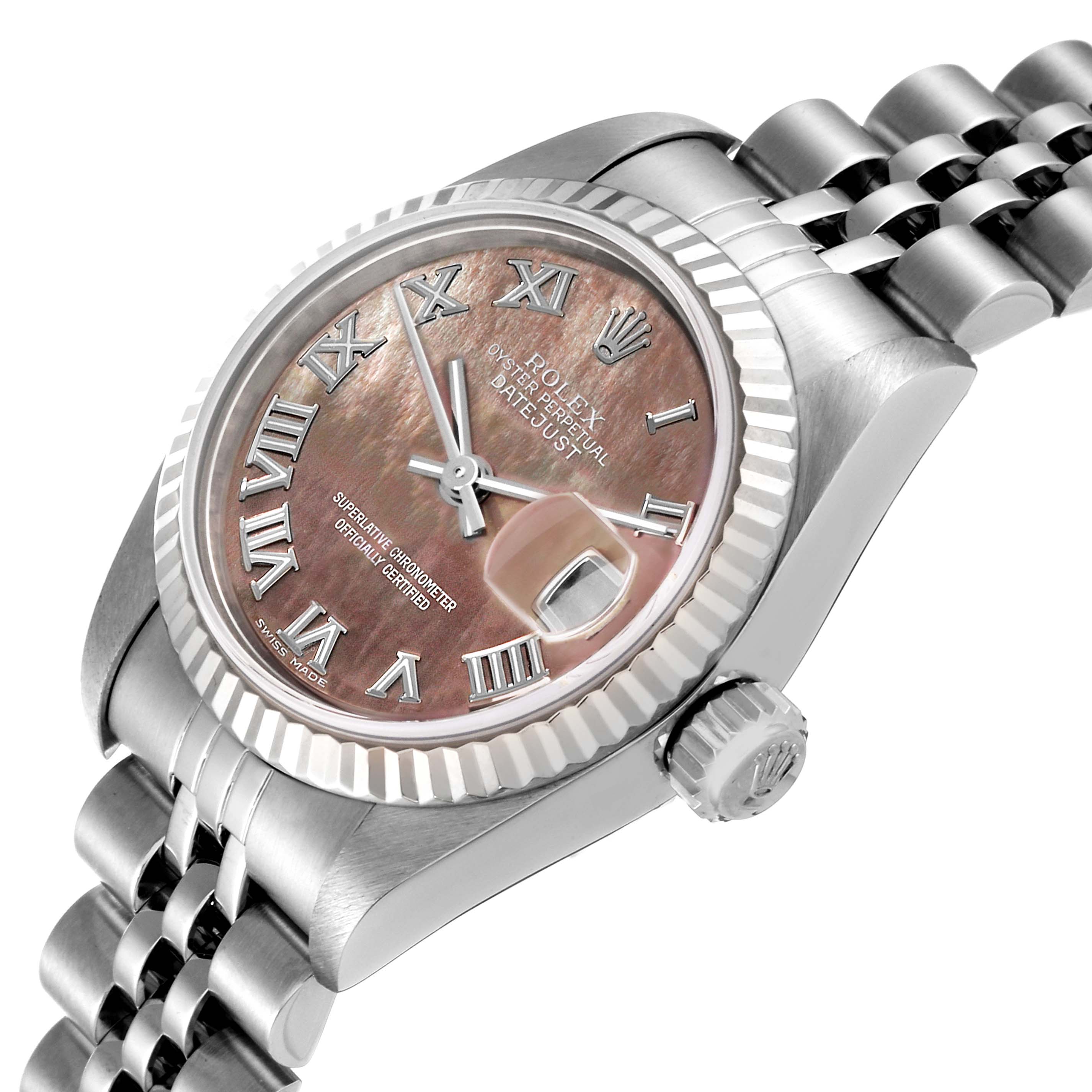 This image shows a side-close angle of the Rolex Datejust 79174 Women's Stainless Steel Mother of Pearl Dial 79174 Women's Stainless Steel Mother of Pearl Dial watch, highlighting the dial, bezel, crown, and part of the bracelet.
