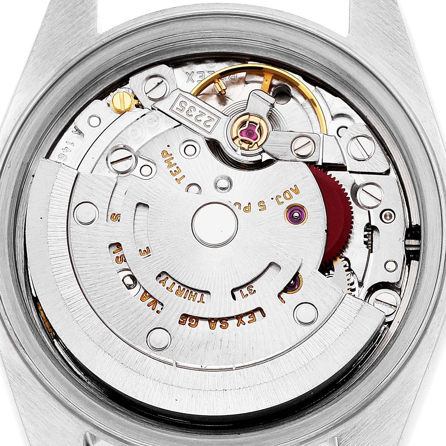 This image shows the internal mechanism of a Rolex Datejust 79174 Women's Stainless Steel Mother of Pearl Dial 79174 Women's Stainless Steel Mother of Pearl Dial watch from a top-down angle.
