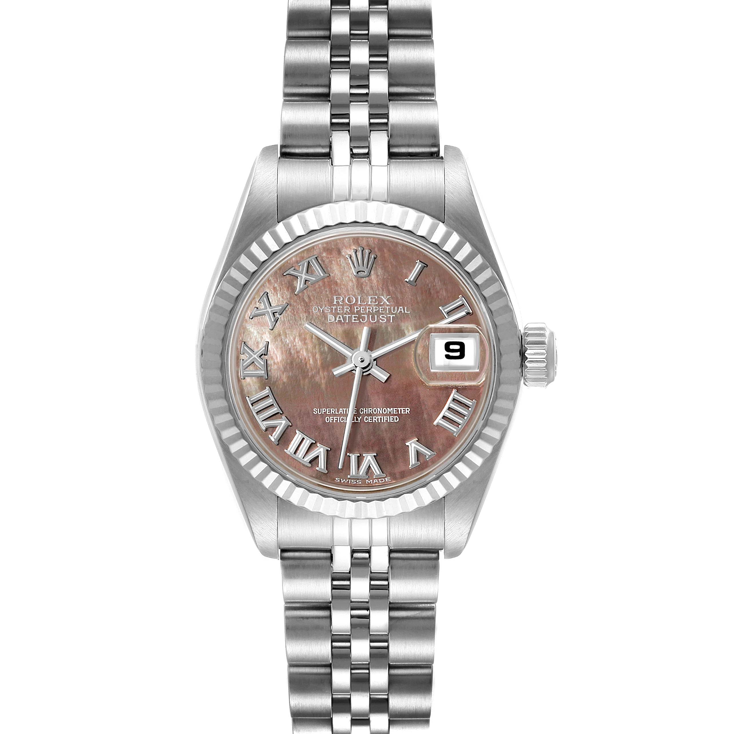 This image shows a front view of a Rolex Datejust 79174 Women's Stainless Steel Mother of Pearl Dial 79174 Women's Stainless Steel Mother of Pearl Dial watch, featuring its dial, bezel, hands, bracelet, and date display.