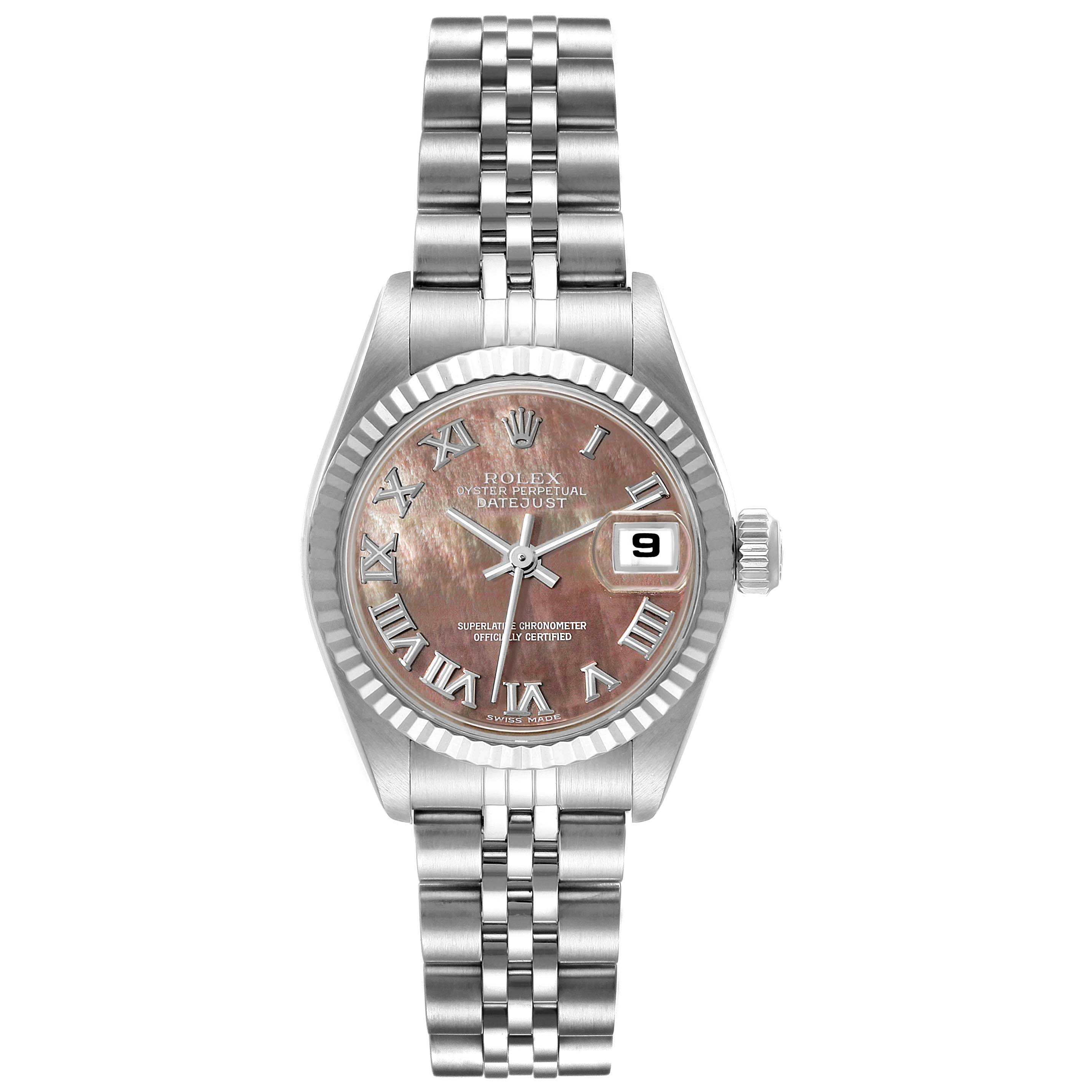 This Rolex Datejust 79174 Women's Stainless Steel Mother of Pearl Dial 79174 Women's Stainless Steel Mother of Pearl Dial watch is shown from a front angle displaying its dial, bezel, bracelet, and date window.